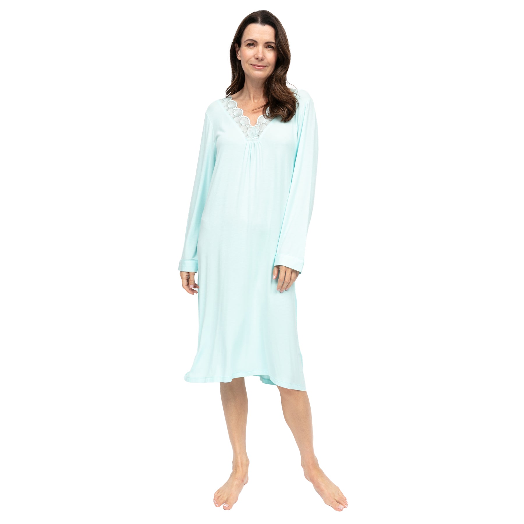 Front view of pastel blue long sleeve nightgown with soft stretch fabric and elegant lace inset at the neckline.