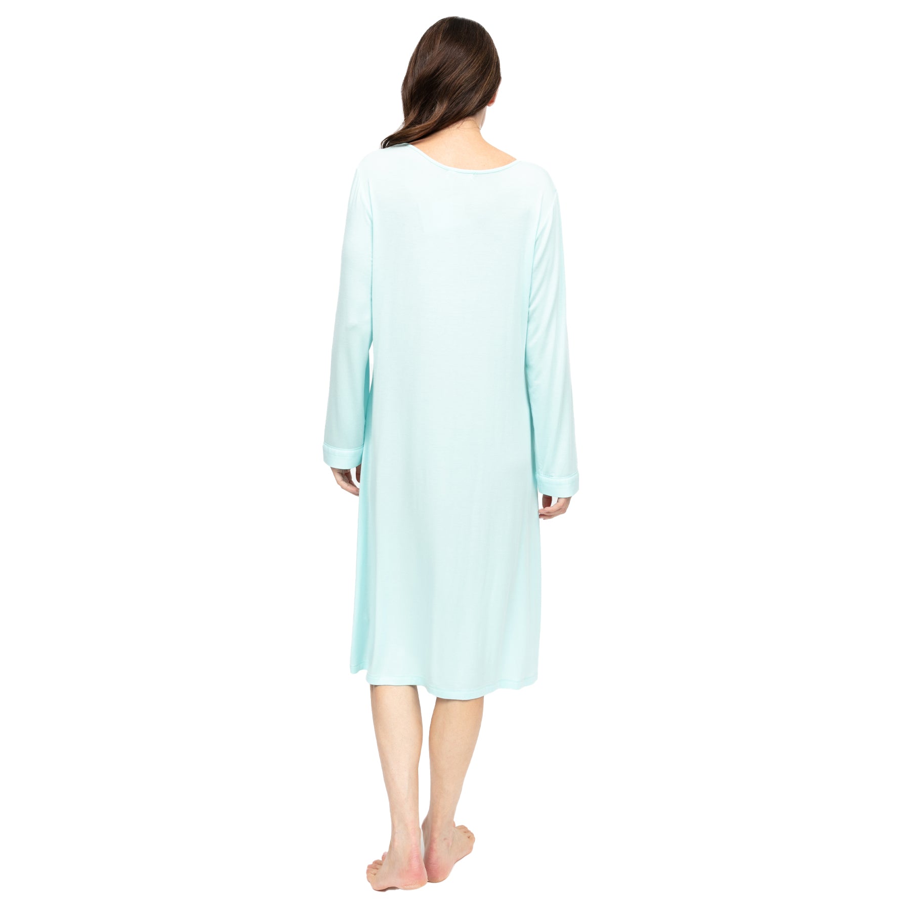 Back view of light blue midi-length nightdress with long sleeves and clean, minimal silhouette.
