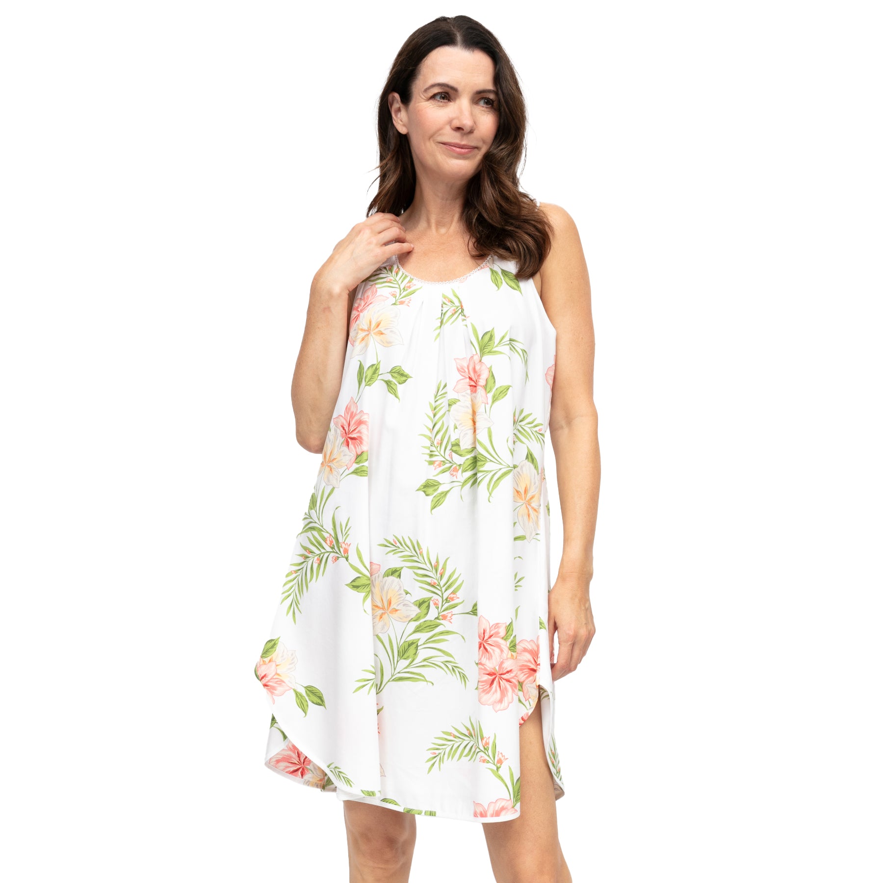 Women’s sleeveless white floral chemise, front view, lightweight cotton with delicate tropical print and gentle neckline detail for a soft, feminine look