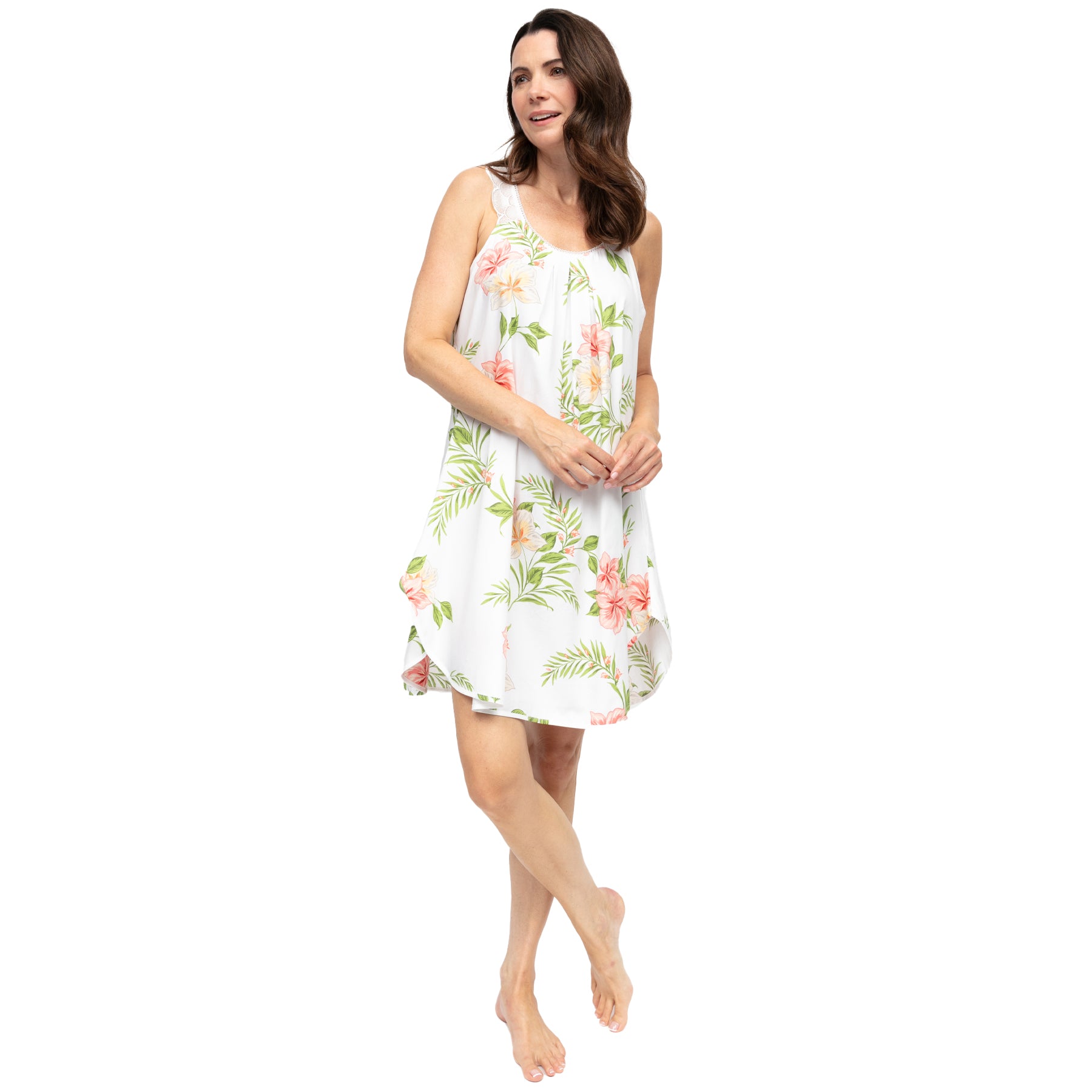 Women’s white floral nightdress, mid-length with flowy fit, breathable cotton fabric and subtle side slit for ease and comfort