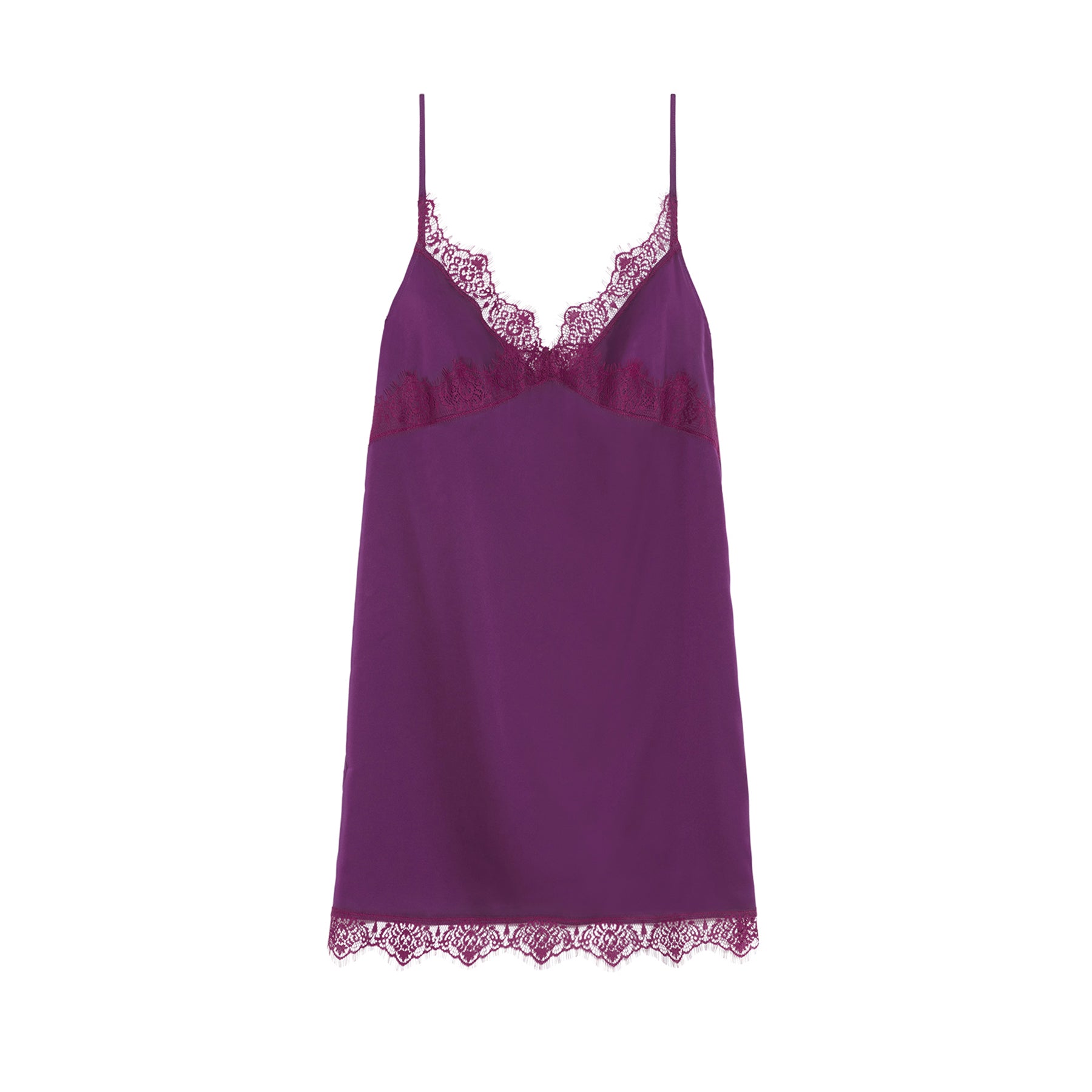Simone Pérèle purple satin chemise featuring delicate lace along the neckline, underbust and hem.