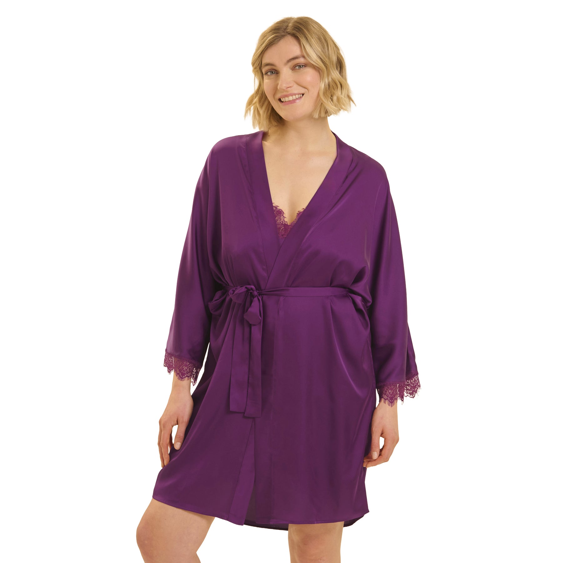 Front view of Simone Pérèle purple satin robe with matching waist tie and delicate floral lace cuffs.