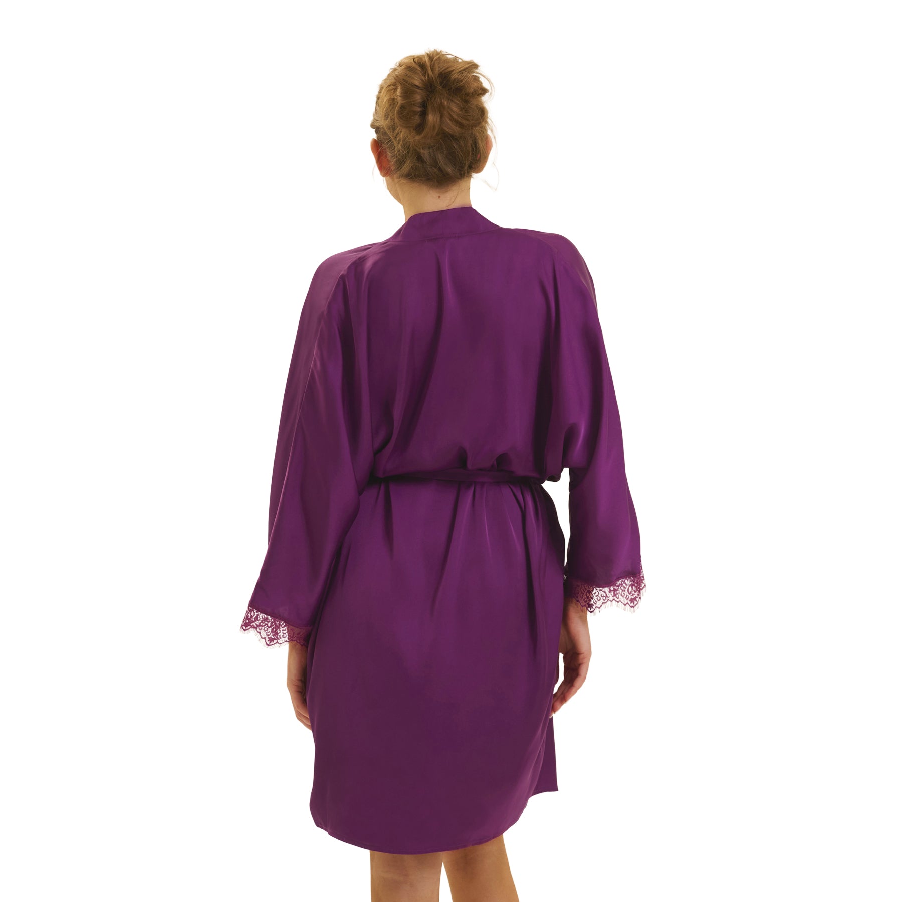 Back view of Simone Pérèle purple satin robe with three-quarter sleeves, lace cuffs and a belted waist.