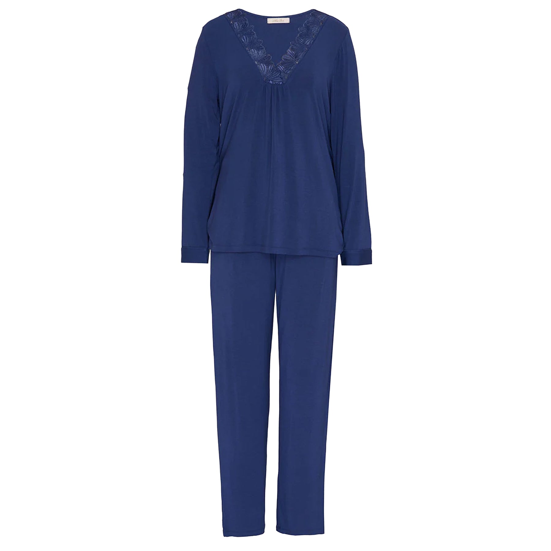 Flat front view of navy jersey pajama set with delicate lace neckline detail, relaxed long sleeve top and matching pants.