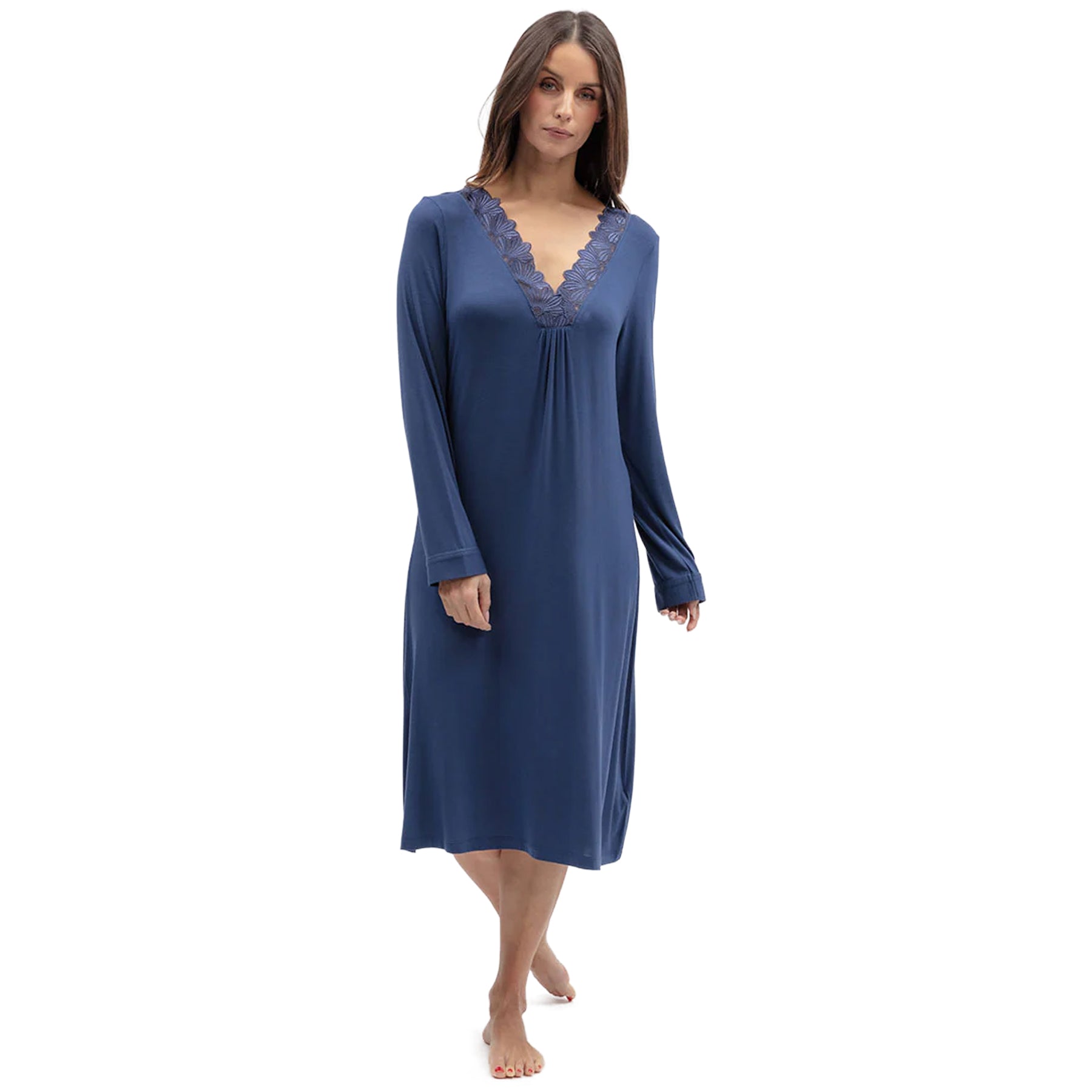 Front view of navy long sleeve sleep gown featuring delicate lace trim, flowing silhouette and comfortable midi length design.