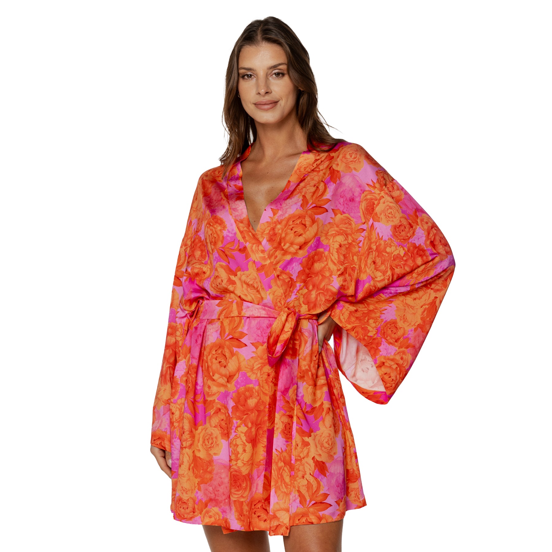 Bright floral satin robe with tie belt and kimono sleeves, angled front view