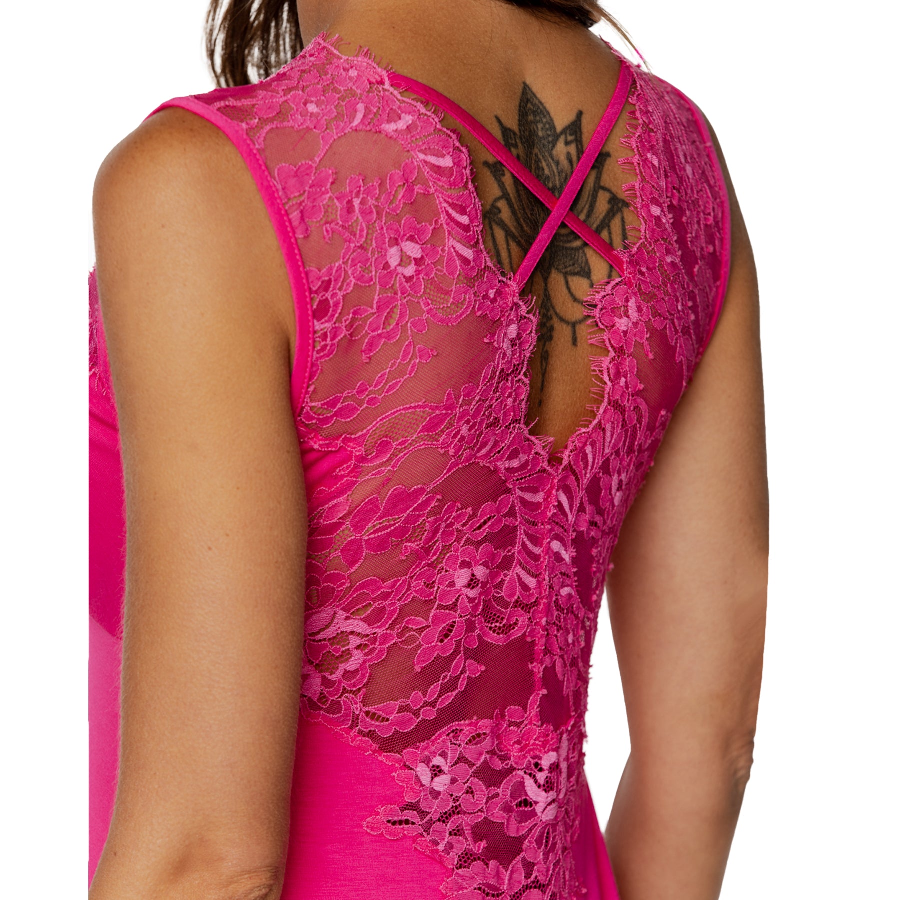 Close-up of fuchsia nightdress with sheer floral lace back and criss-cross detail