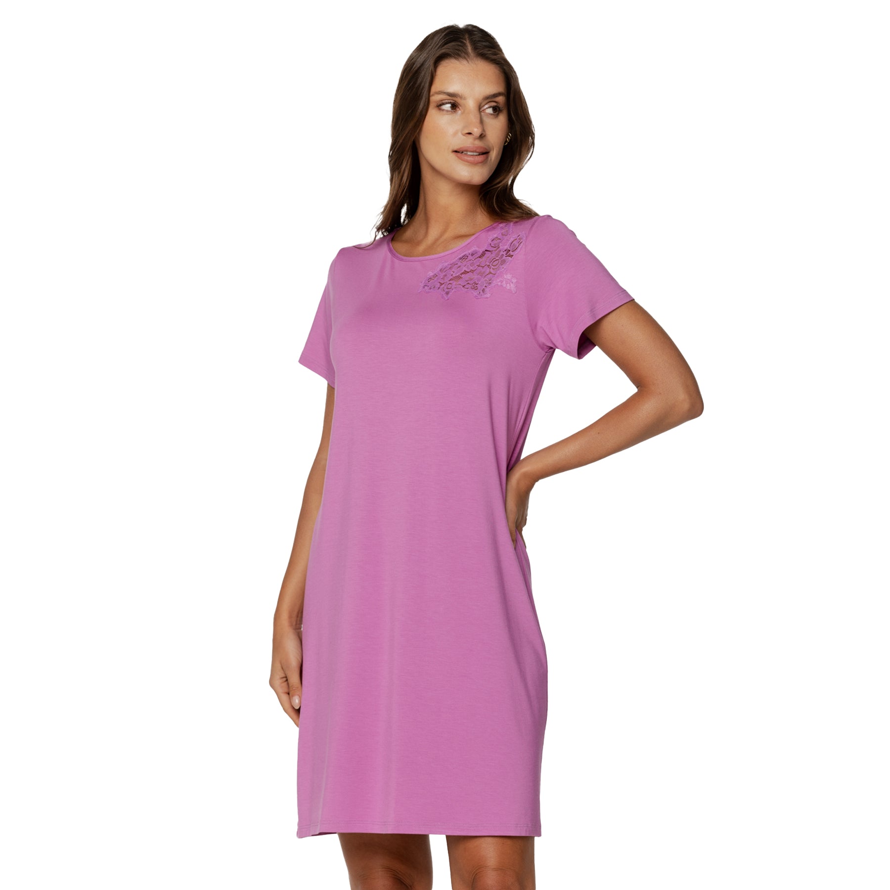 Soft pink nightgown with relaxed fit and lace shoulder detail, angled front view