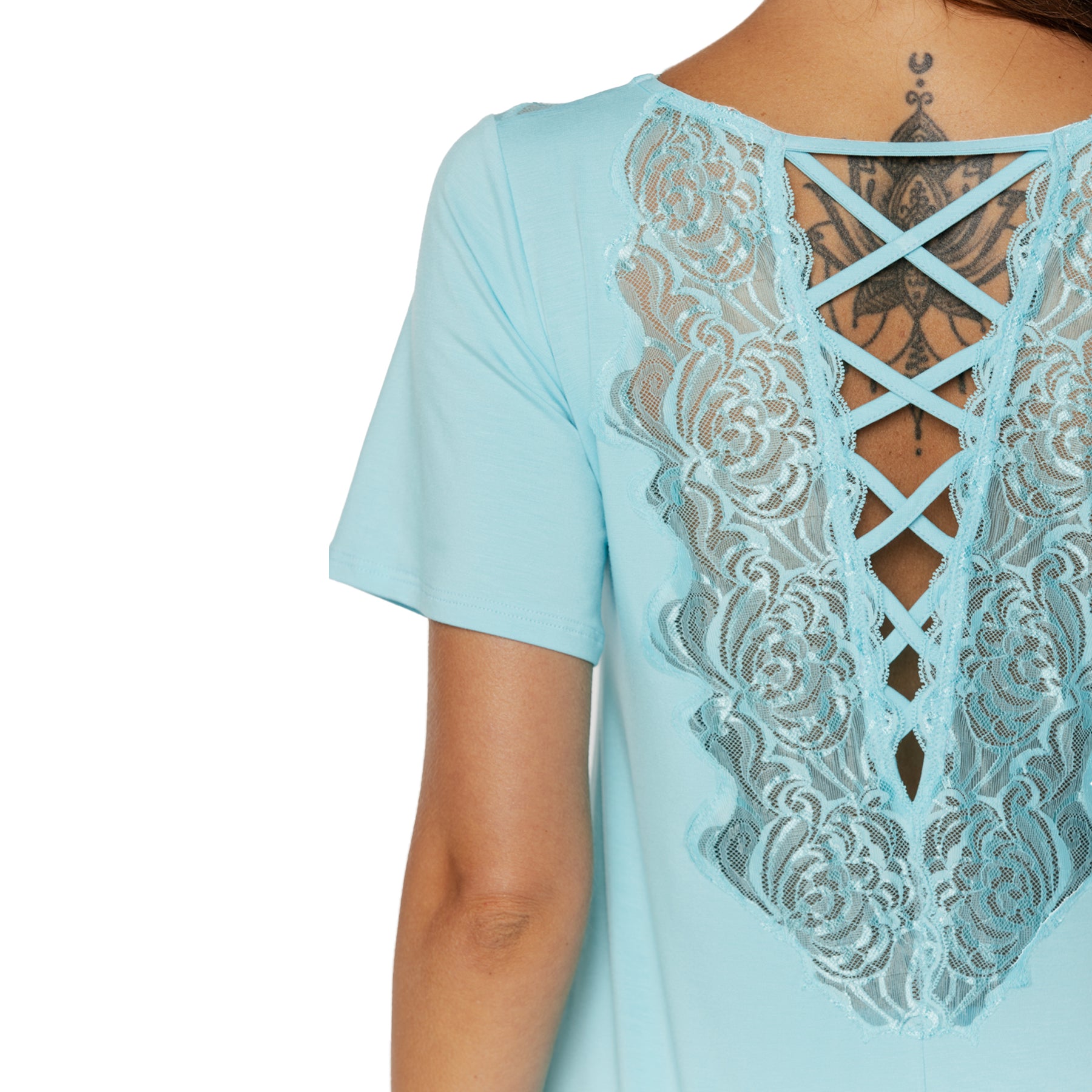 Back view of blue pyjama top featuring intricate lace panel and criss-cross strap detail