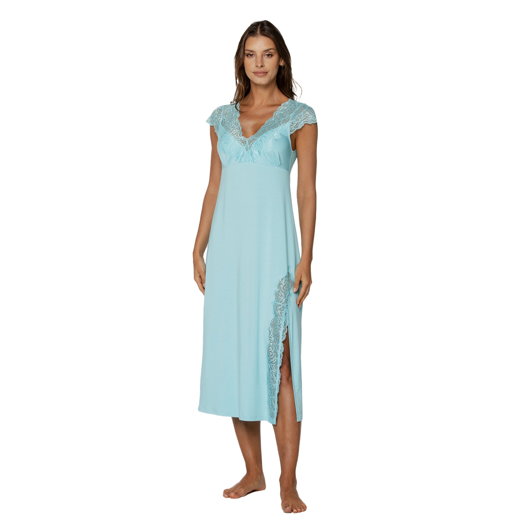 Light blue midi nightdress with lace cap sleeves, V-neckline, and soft flowing silhouette