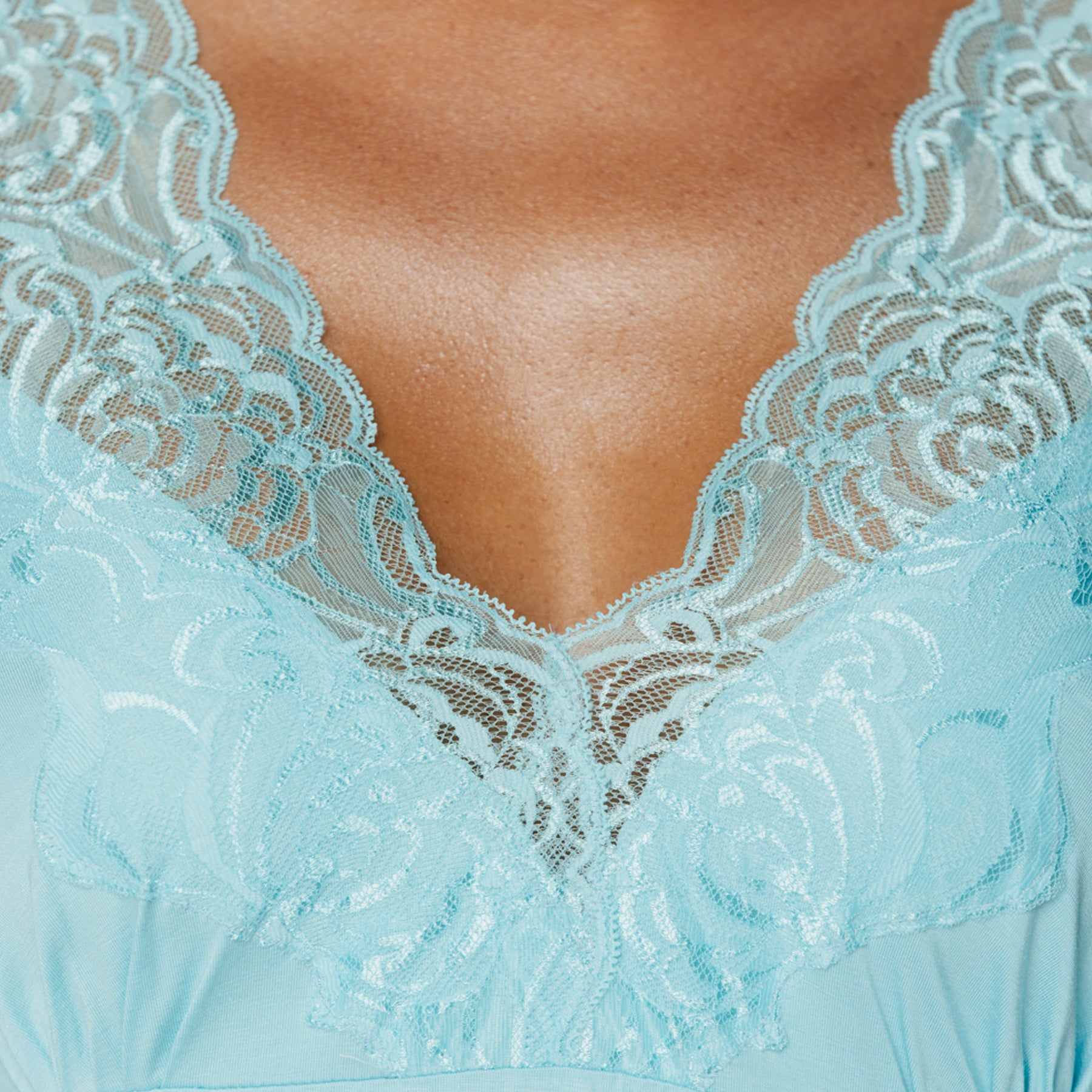 Close-up of light blue nightdress neckline with intricate floral lace detailing