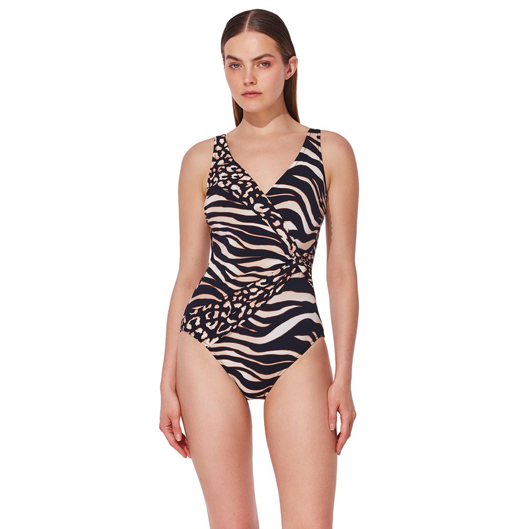 Zebra-print one-piece swimsuit with wide straps and wrap-style V-neckline, shown from the front.