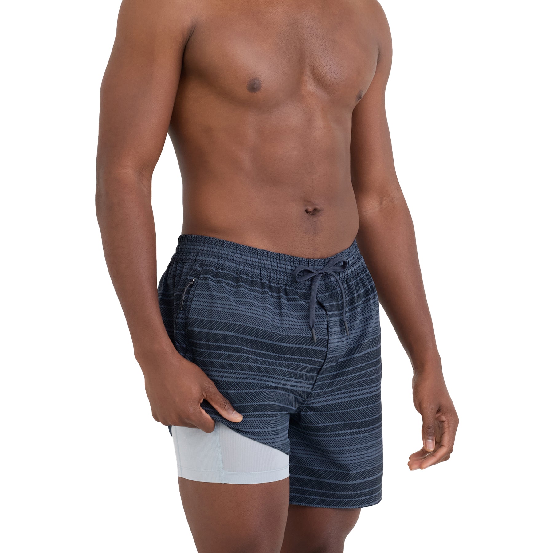 Man wearing indigo striped swim shorts with built-in white compression liner, elastic waistband, and drawstring detail on a white background