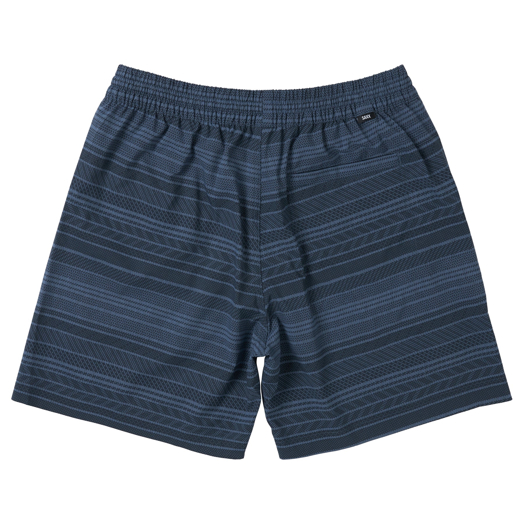 Indigo striped men’s swim shorts with adjustable drawstring waist and subtle texture pattern, shown on a white background