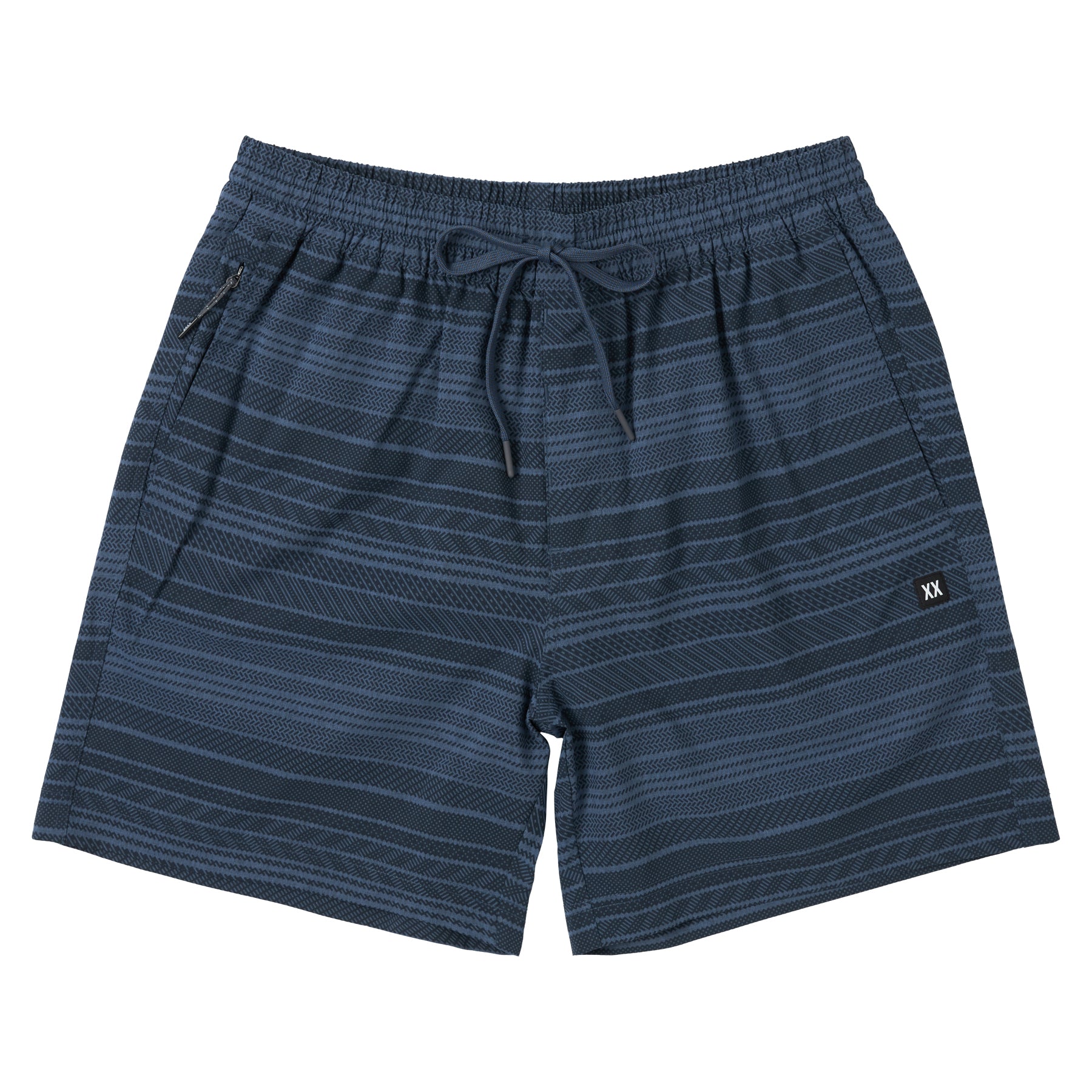 Indigo striped men’s swim shorts with adjustable drawstring waist and subtle texture pattern, shown on a white background