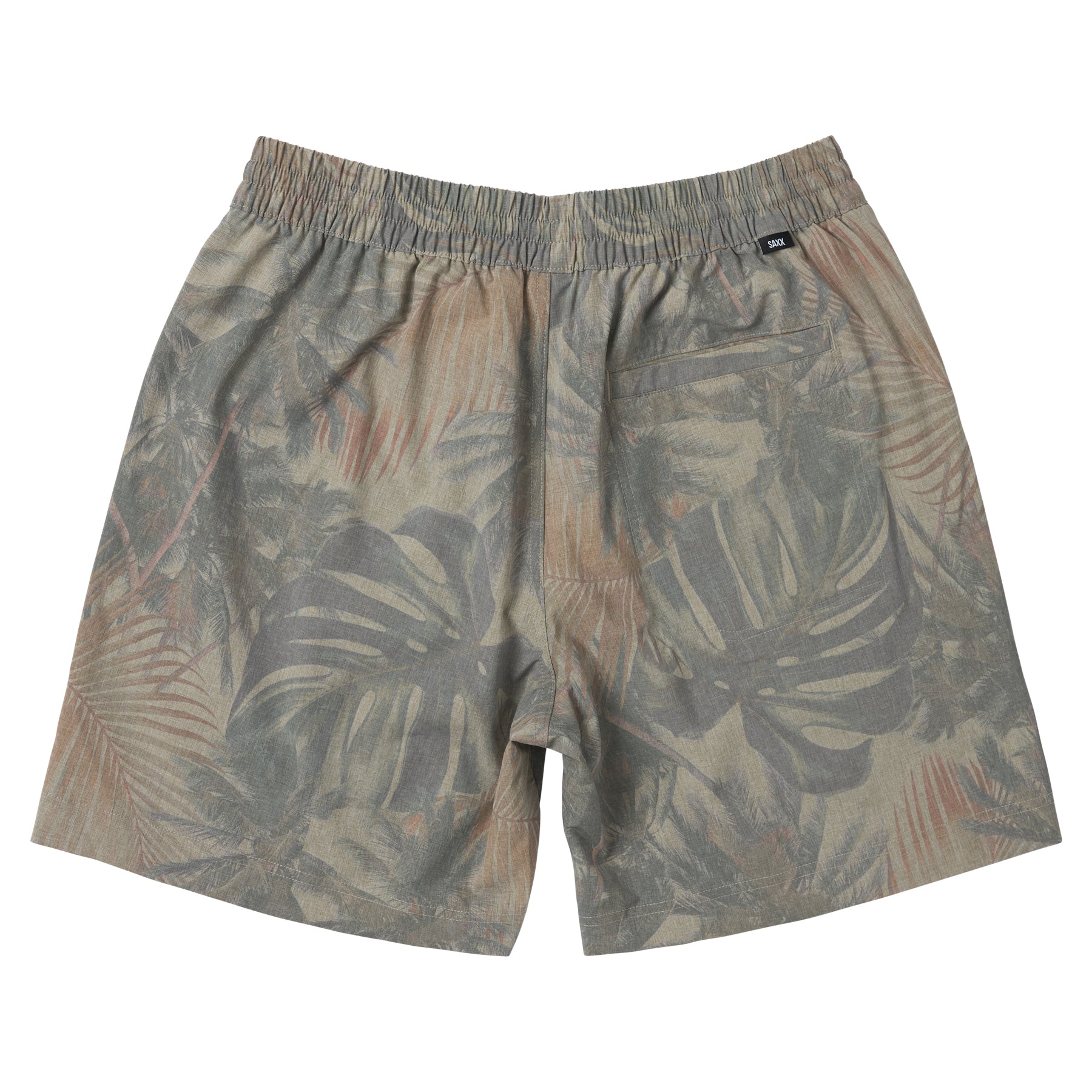 Men’s palm print swim shorts with elastic waistband and back pocket, shown flat on a white background
