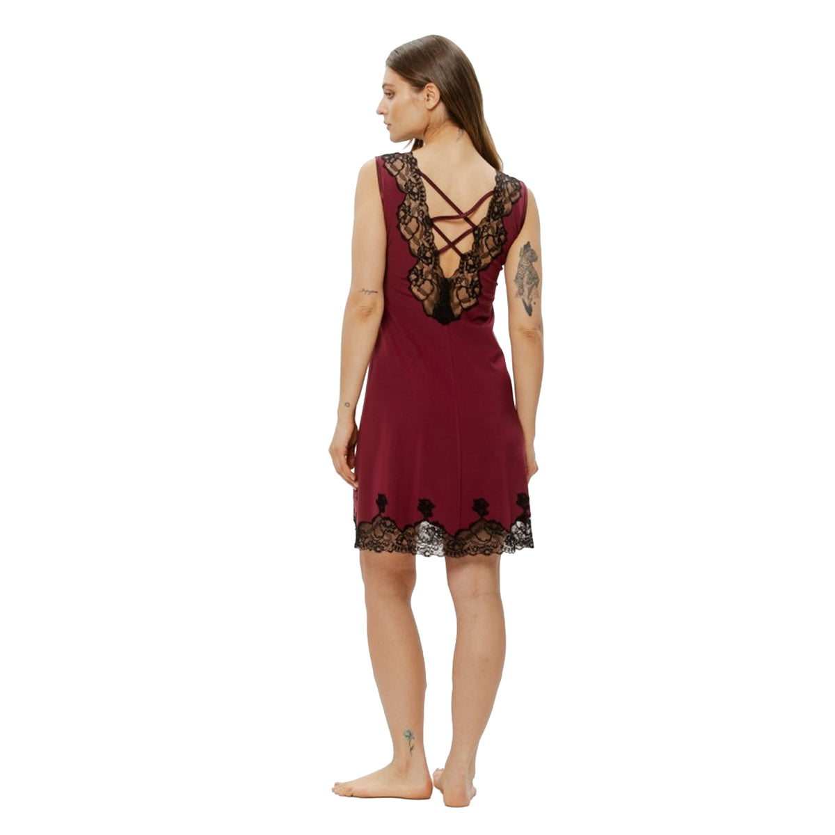 Back view of Coemi Chemise in berry red with deep black lace back and criss-cross strap detail