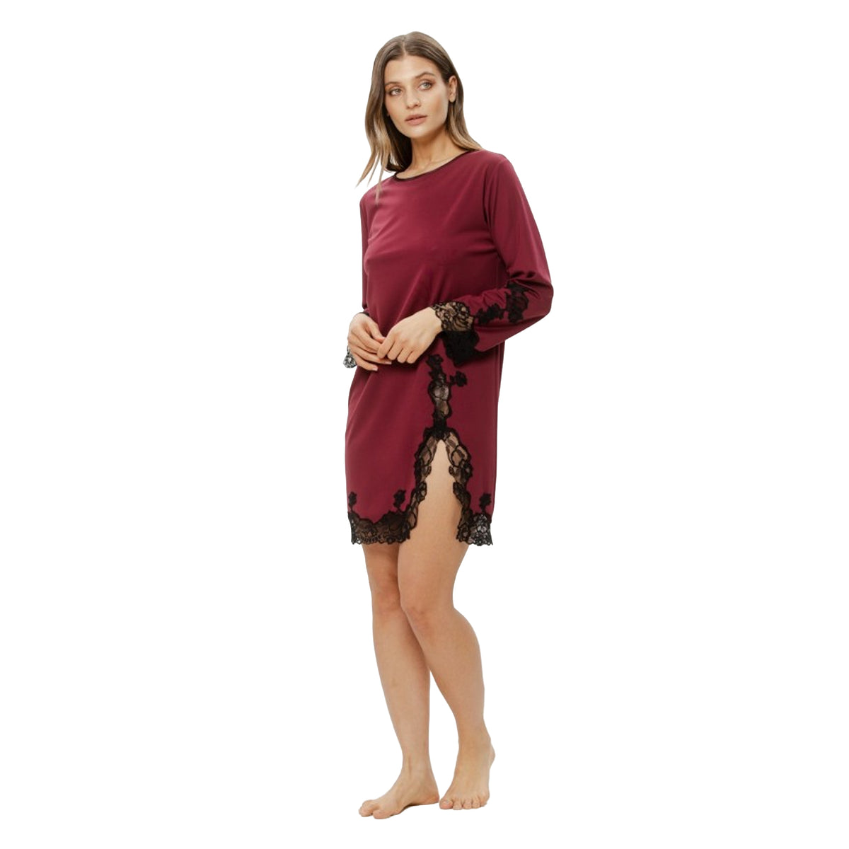 Coemi long sleeve chemise in berry red with black lace cuffs, hem and lace-trimmed side slit