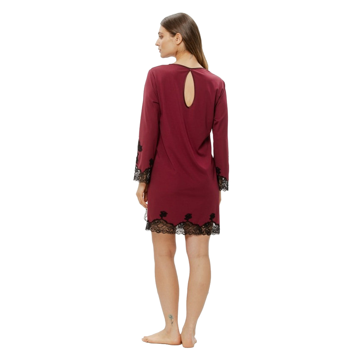 Back view of Coemi berry red long sleeve chemise with black lace trim and keyhole detail