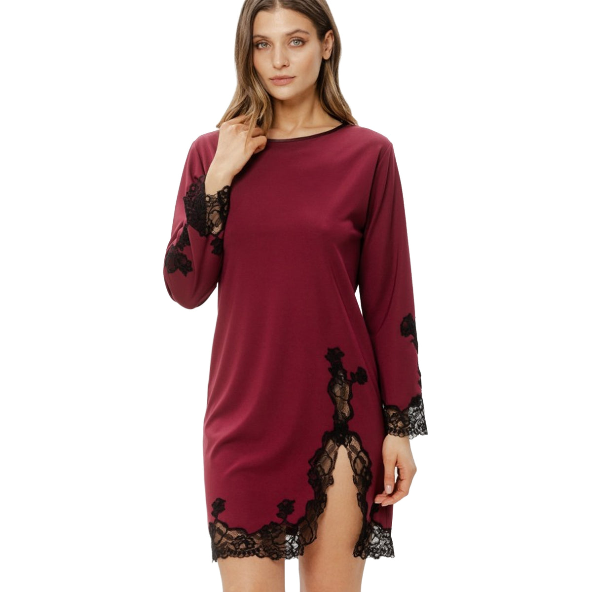 Close-up of Coemi long sleeve chemise showing rich berry fabric and contrasting black floral lace
