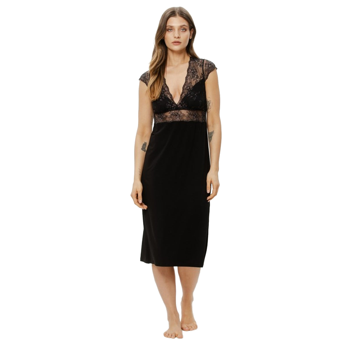 Coemi Copper Gown in black with sheer floral lace bodice, deep V-neckline and midi-length silhouette