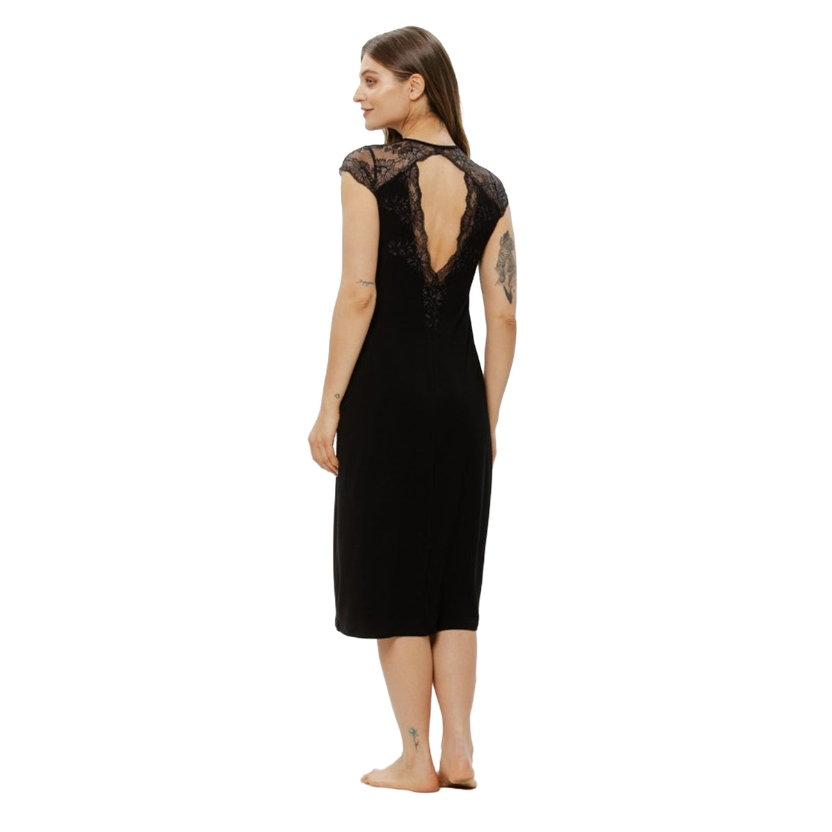 Back view of Coemi Copper Gown in black featuring a dramatic lace-trimmed open back
