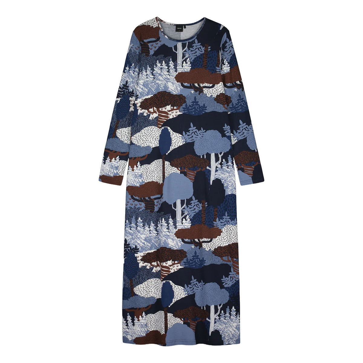 Nanso printed long sleeve nightgown in blue and brown, front flat view with round neckline