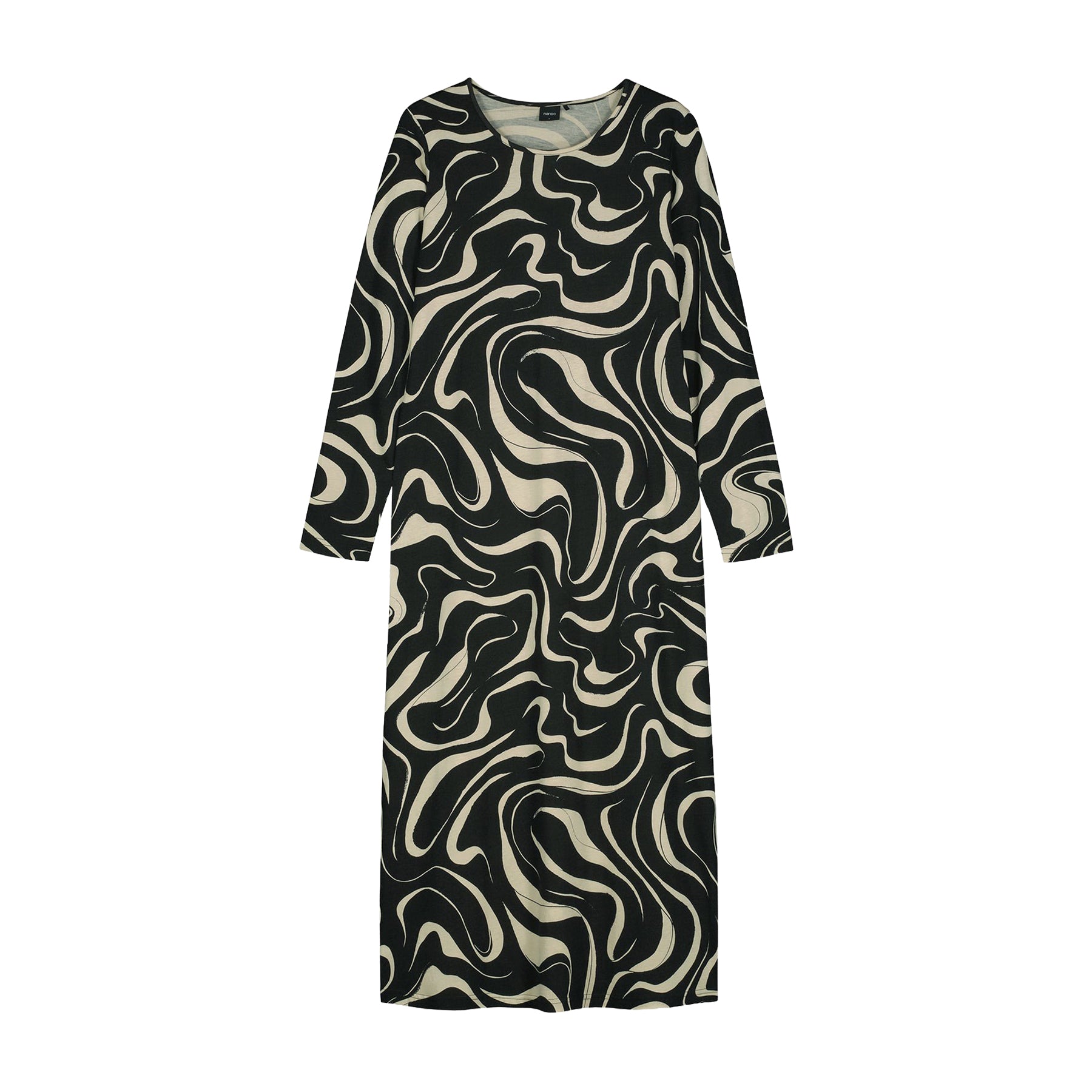 Black long-sleeve nightdress with cream abstract swirl print and straight silhouette, laid flat on a white background.