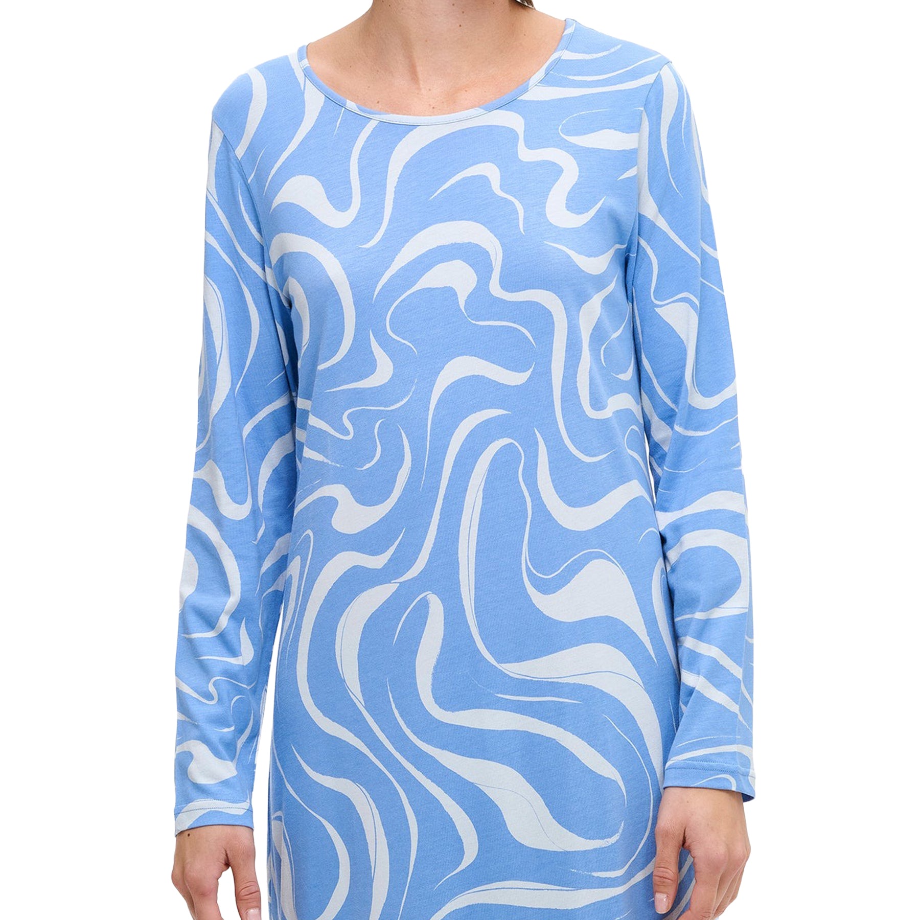 Light blue long-sleeve nightdress with white abstract swirl print and straight silhouette, laid flat on a white background.