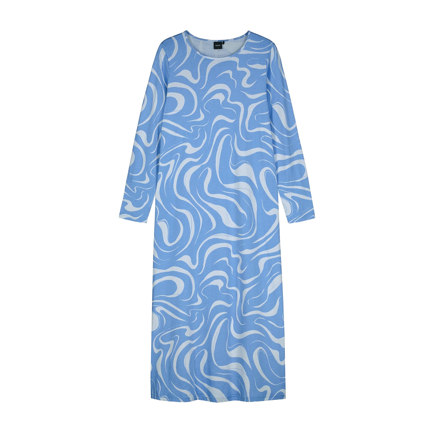 Light blue long-sleeve nightdress with white abstract swirl print, ankle-length silhouette, shown on model standing barefoot against a white background.