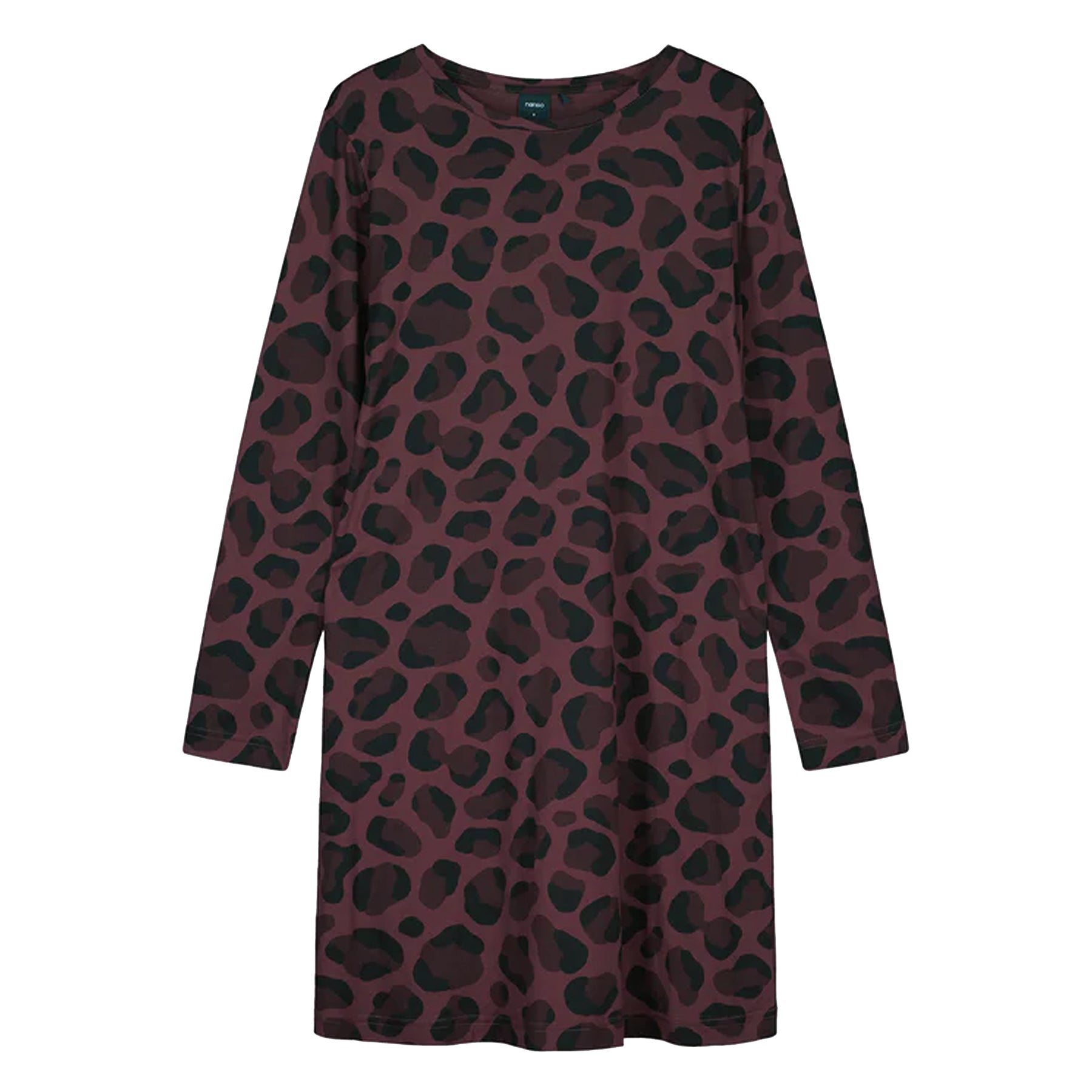 Long-sleeve burgundy chemise with black leopard print displayed flat on a white background.