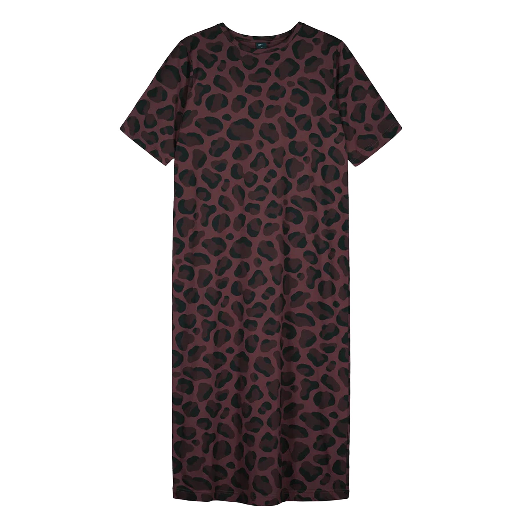 Long short-sleeve burgundy nightdress with black leopard print displayed flat on a white background.
