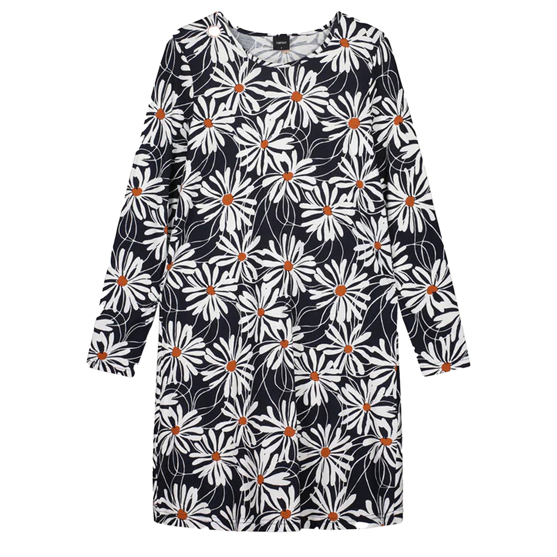 Long-sleeve navy nightdress with white daisy floral print and orange centres displayed flat on a white background.