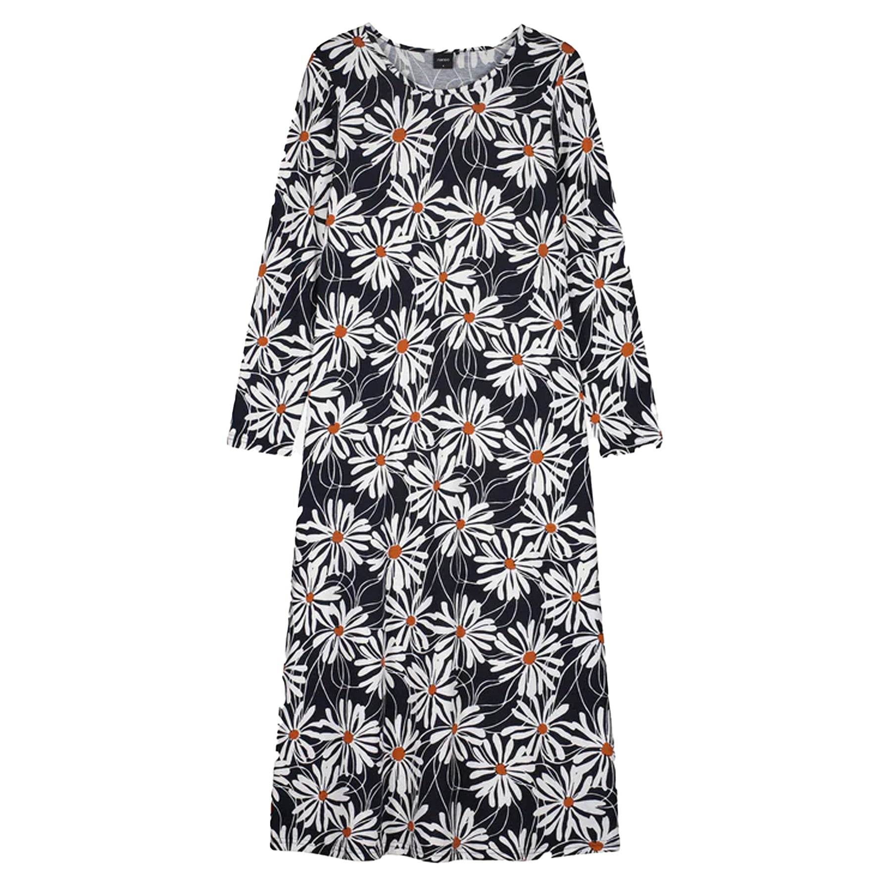 Long navy nightdress with white daisy floral print and orange centres displayed flat on a white background.