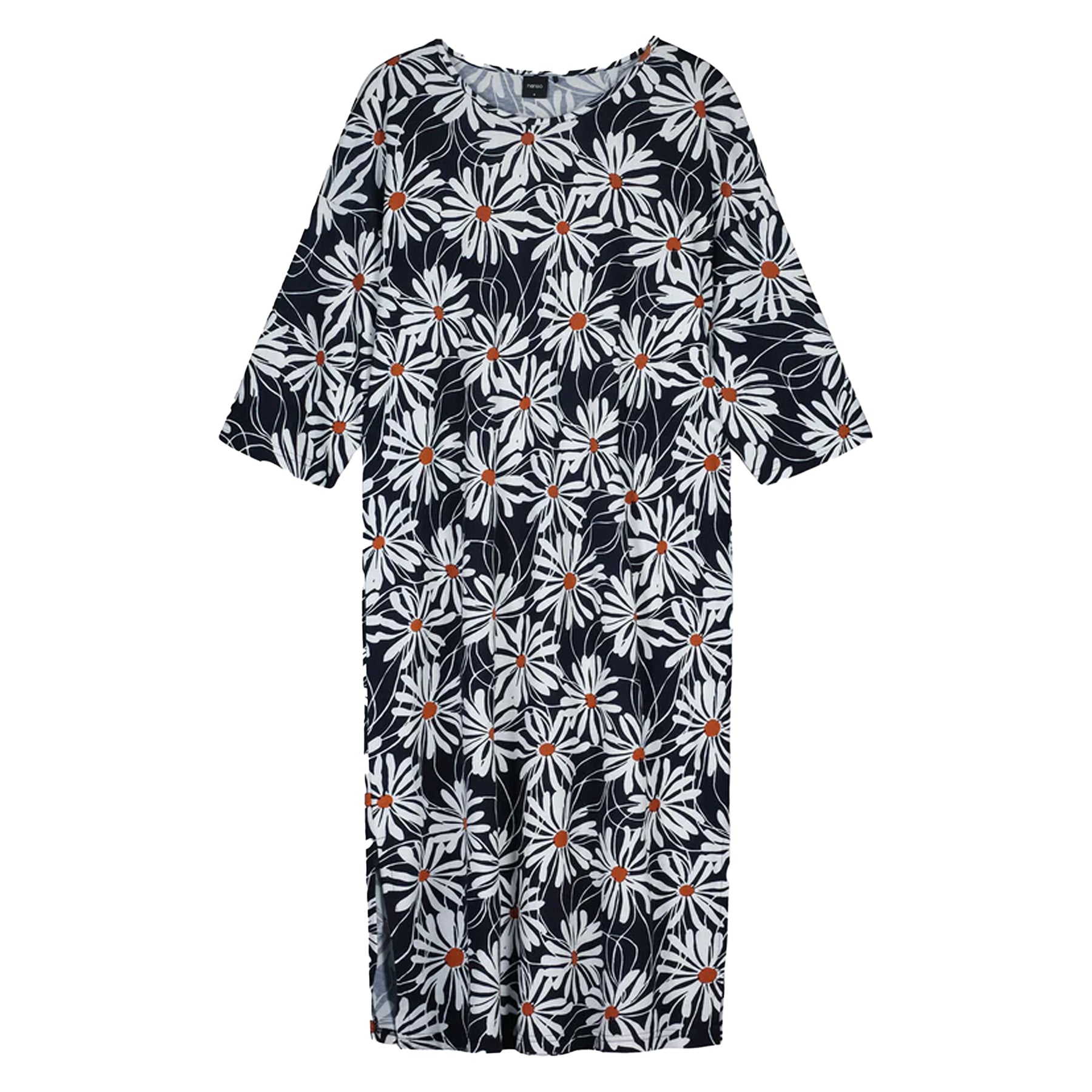 Navy nightdress with white daisy floral pattern and orange centres, short sleeves, and side slits displayed flat on a white background.