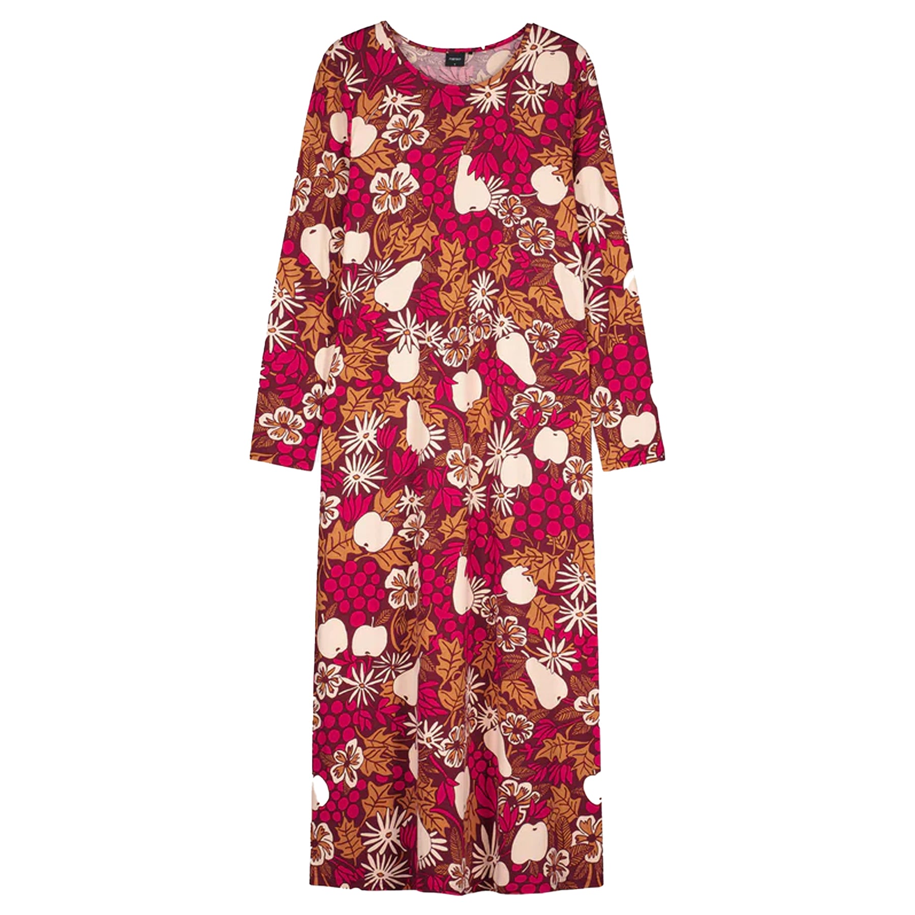 Long burgundy nightdress with an all-over fruit and floral pattern in beige, pink, and brown tones displayed flat on a white background.