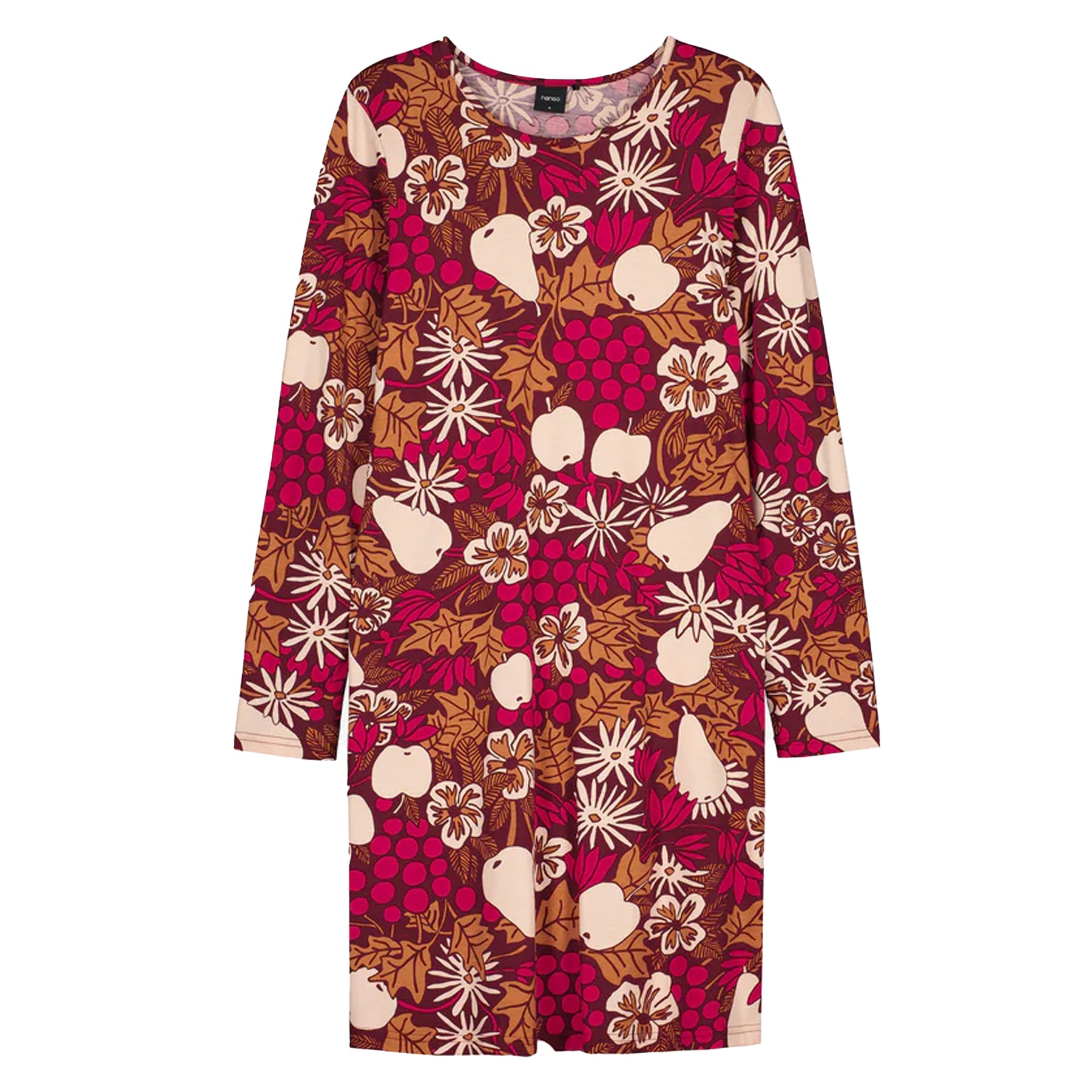 Long-sleeve burgundy nightdress with an all-over fruit and floral print displayed flat on a white background.