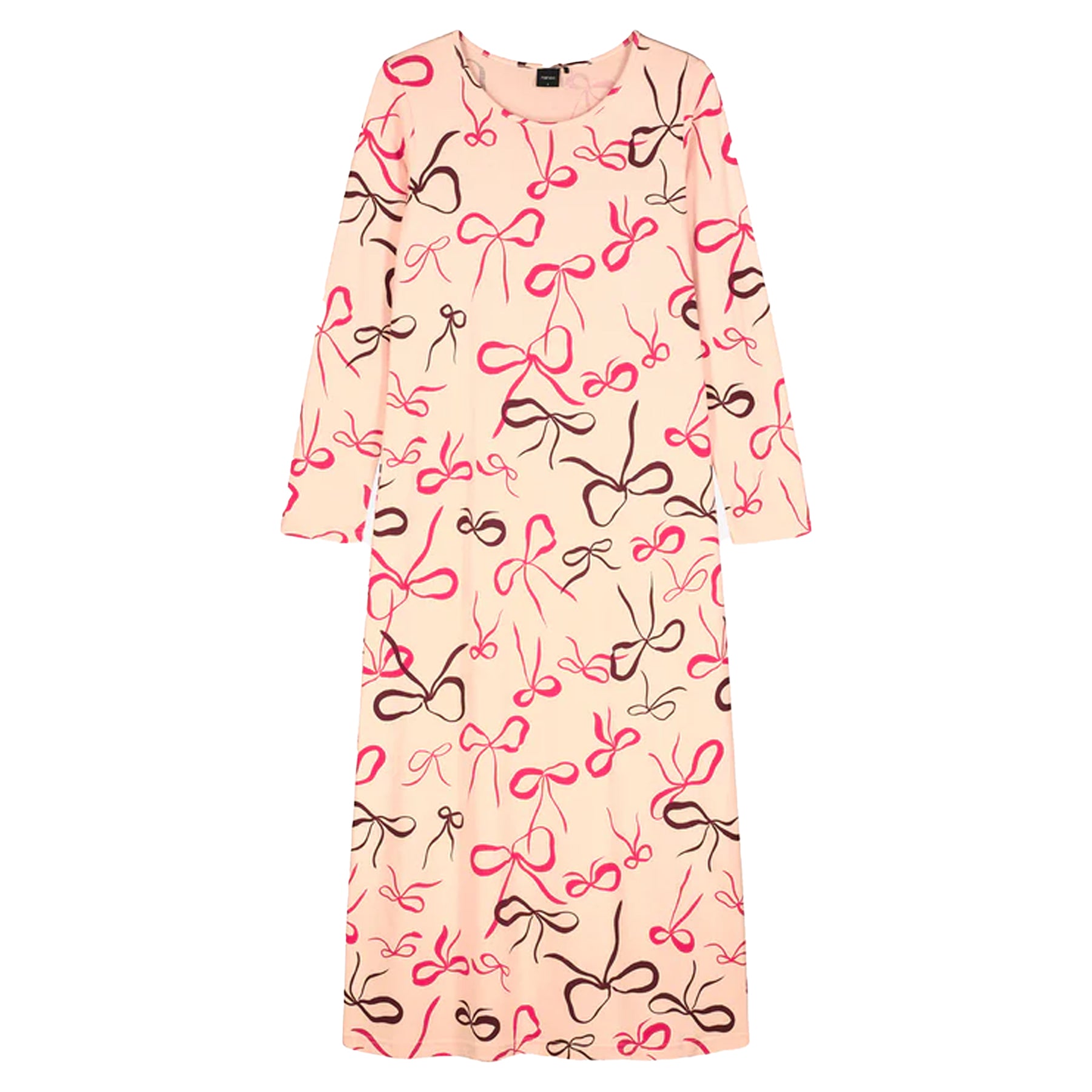 Long pink nightdress with red and brown bow print displayed flat on a white background.