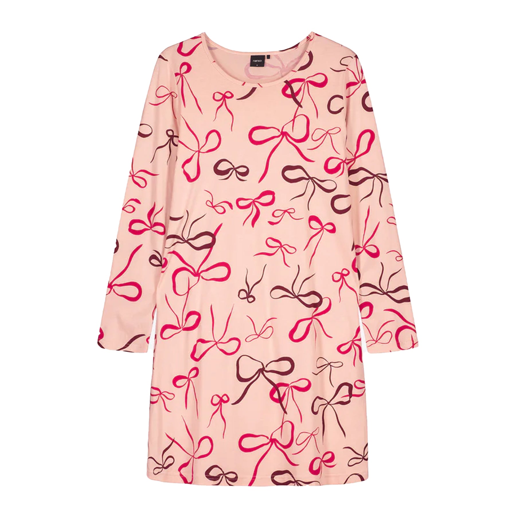 Long-sleeve pink nightdress with red and brown bow print displayed flat on a white background.
