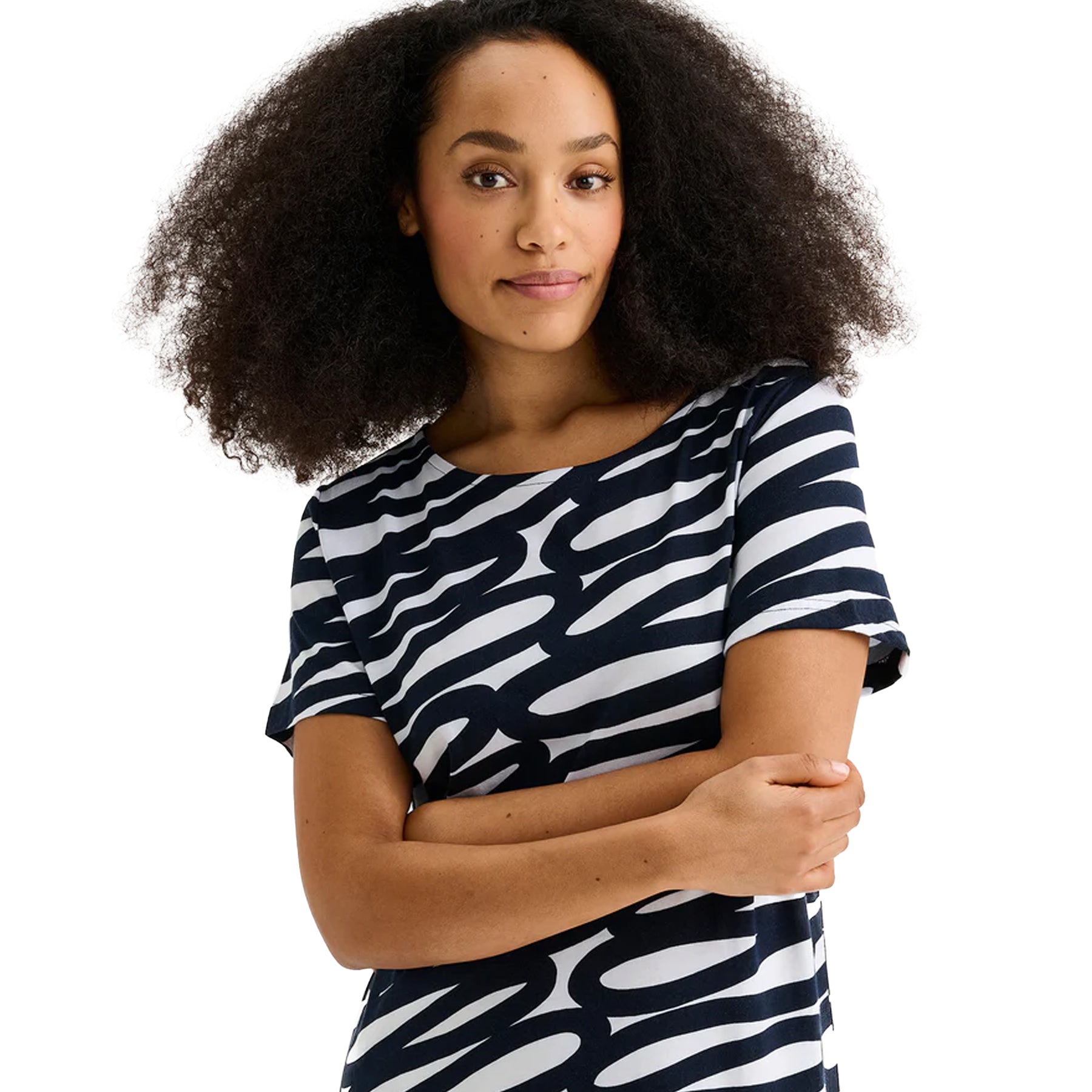 Close-up of navy blue and white abstract patterned short-sleeve nightdress on model with round neckline.
