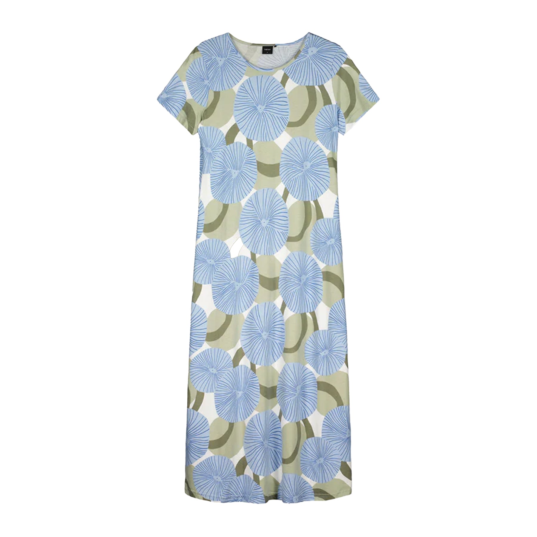 Blue and sage green circular floral print maxi nightgown with short sleeves displayed on white background.