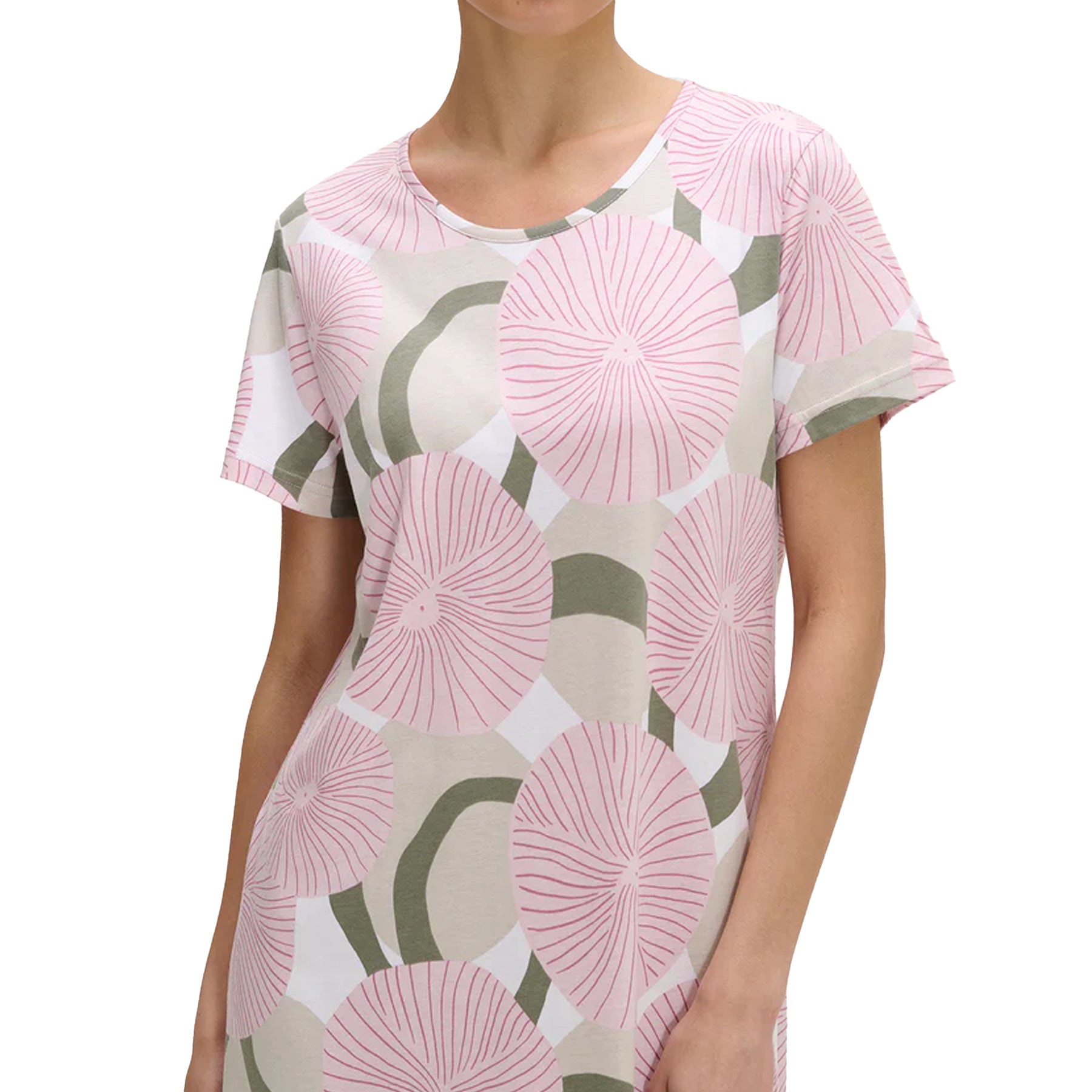 Close-up of pink and sage green circular floral print nightgown with short sleeves on model.