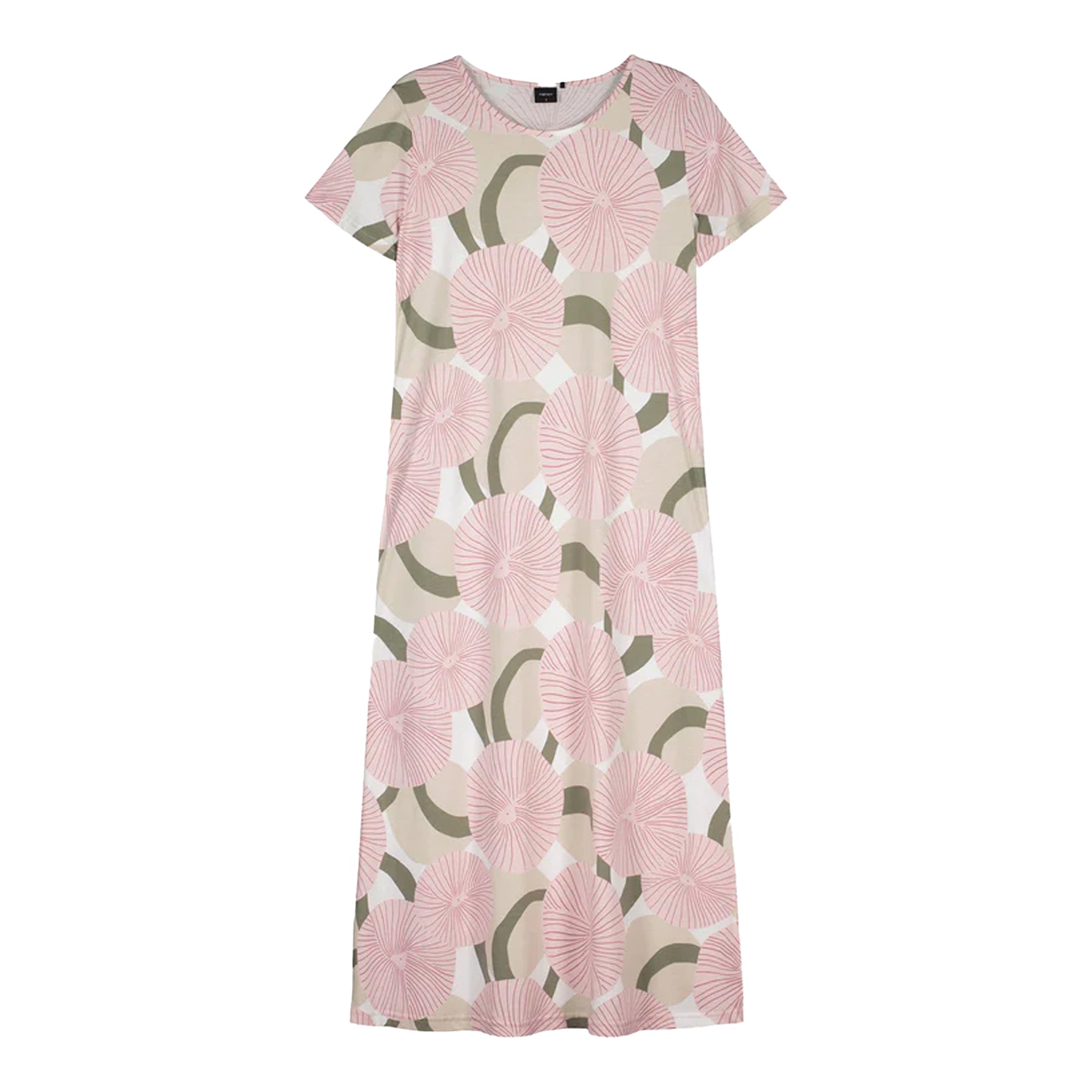 Pink and sage green circular floral print maxi nightgown with short sleeves displayed on white background.