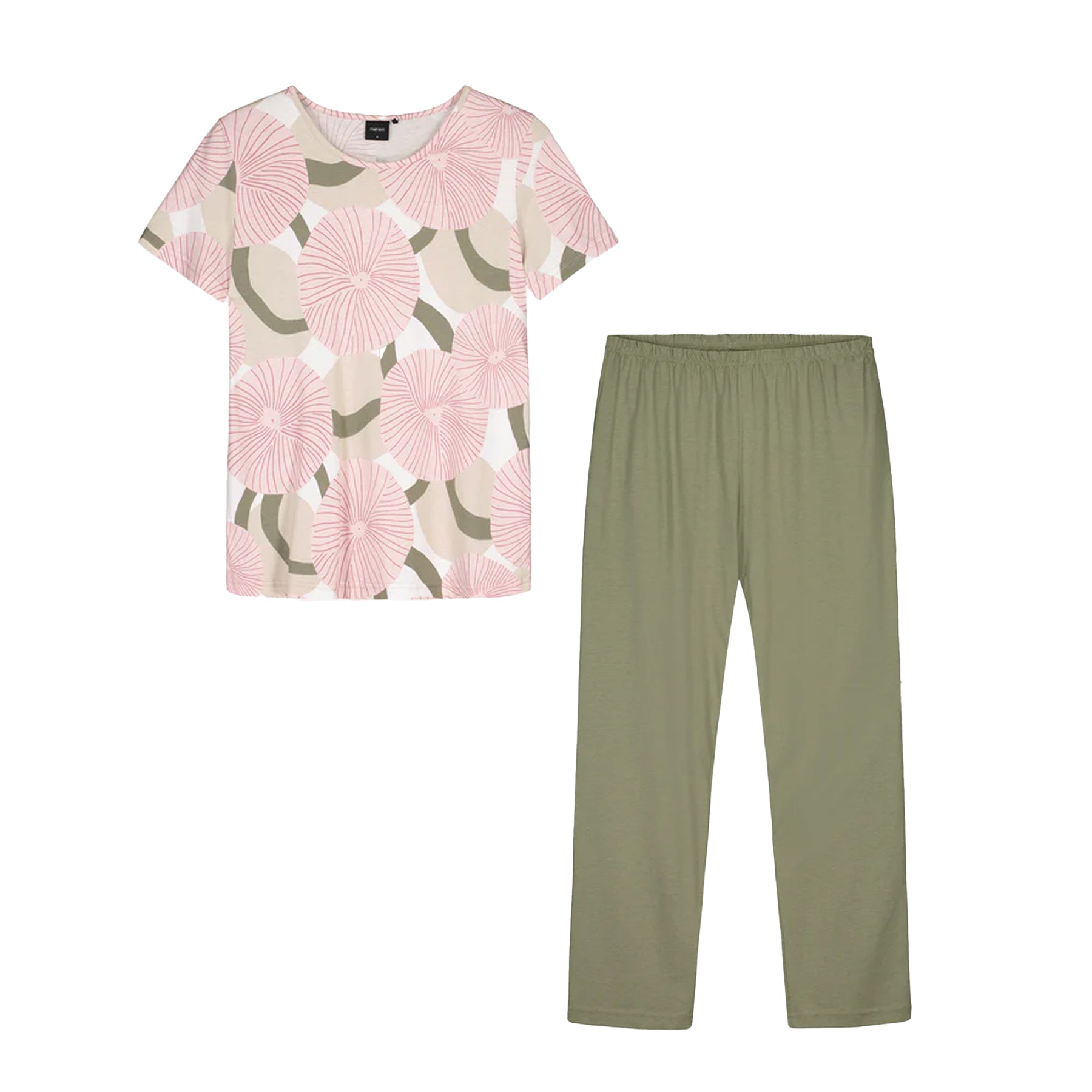 Two-piece pajama set featuring pink circular floral print short-sleeve top and solid sage green relaxed fit pants on white background.