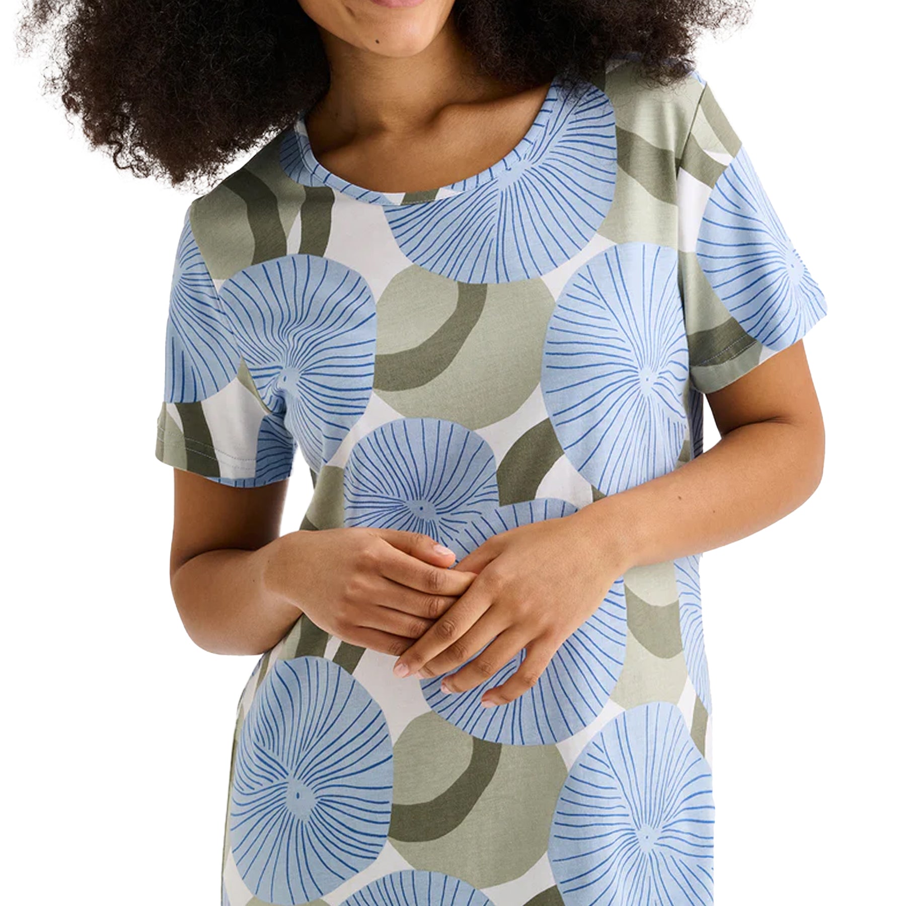 Close-up of blue circular floral print short-sleeve chemise with round neckline on model.