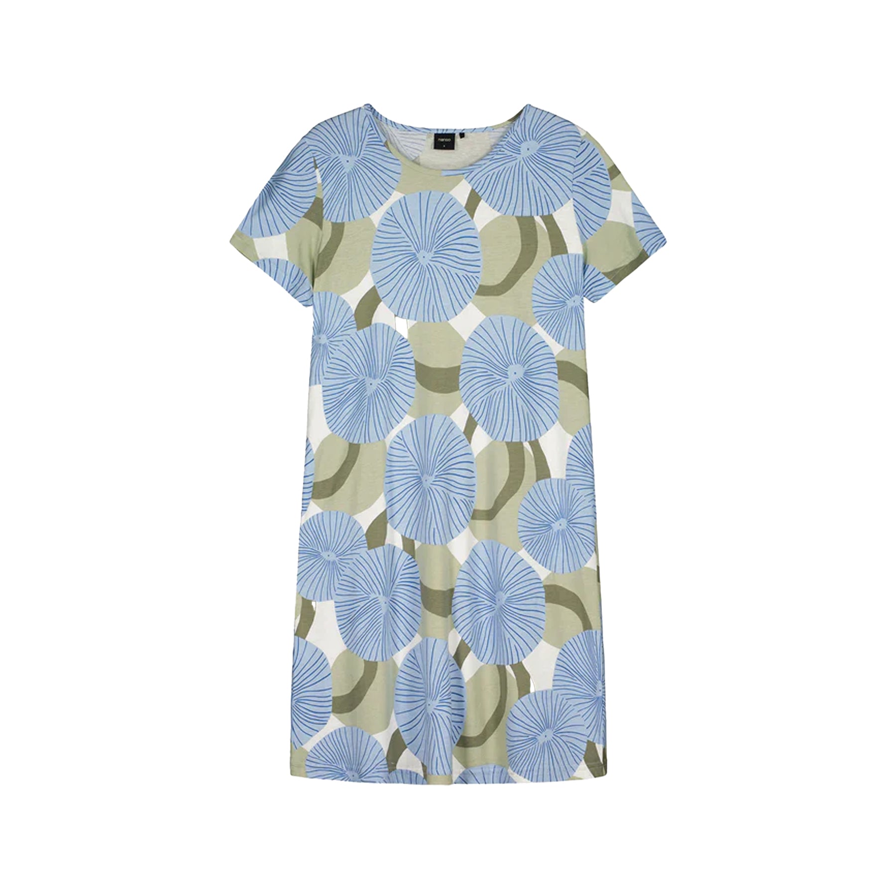Blue circular floral print short-sleeve chemise nightdress displayed on white background.