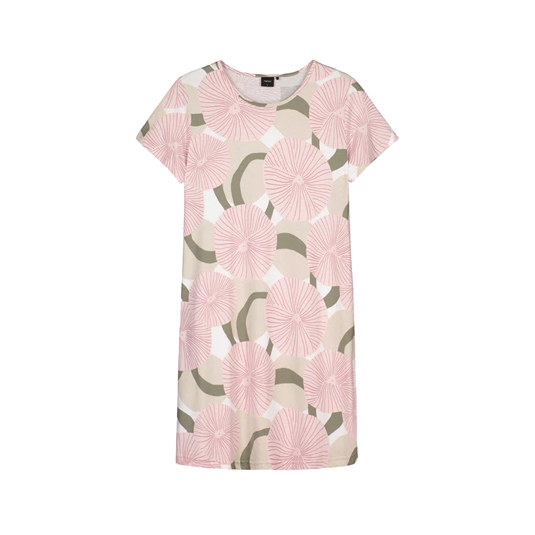 Pink circular floral print short-sleeve chemise nightdress displayed on white background.