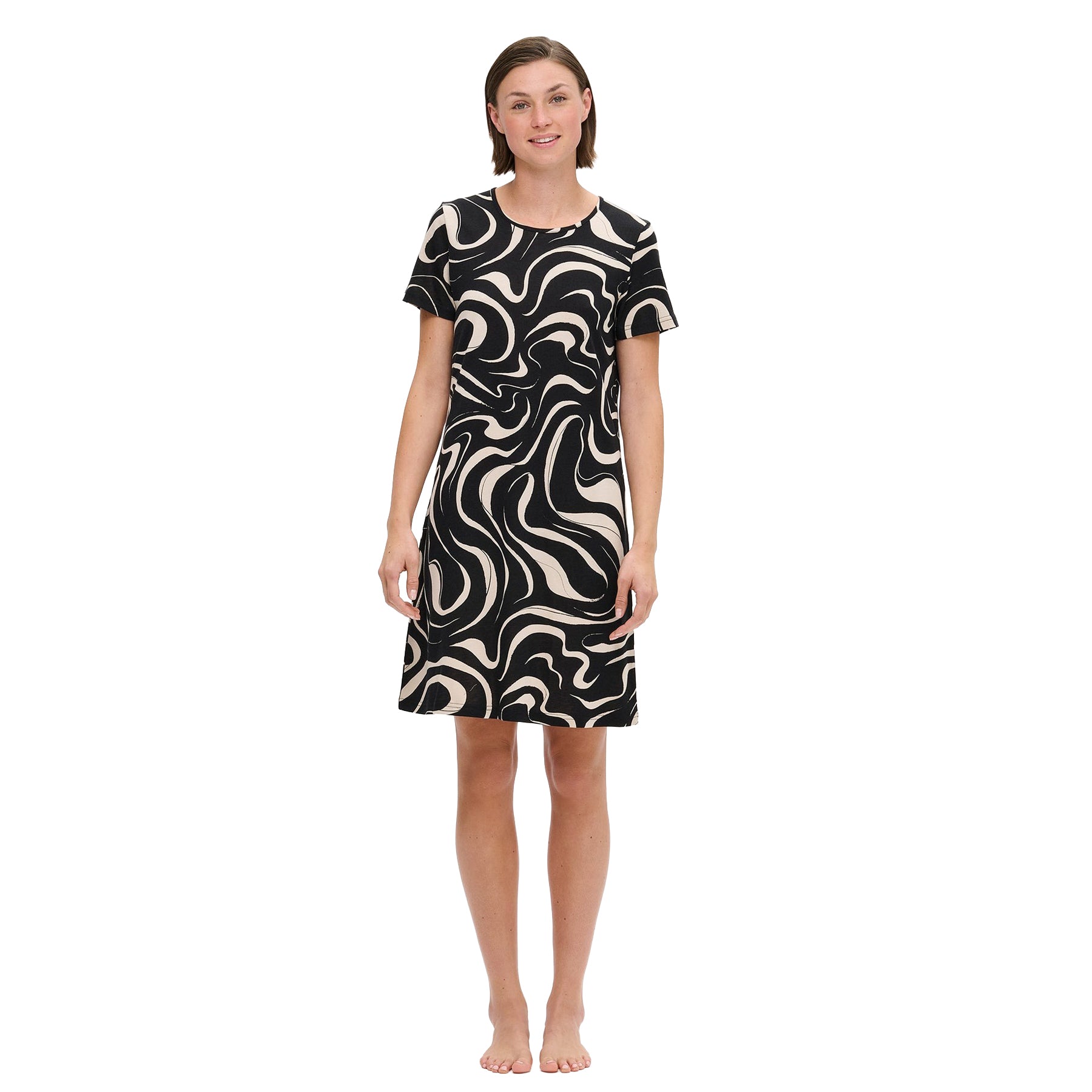 Black short-sleeve nightdress with cream abstract swirl print, knee-length fit, shown on model standing barefoot against a white background.