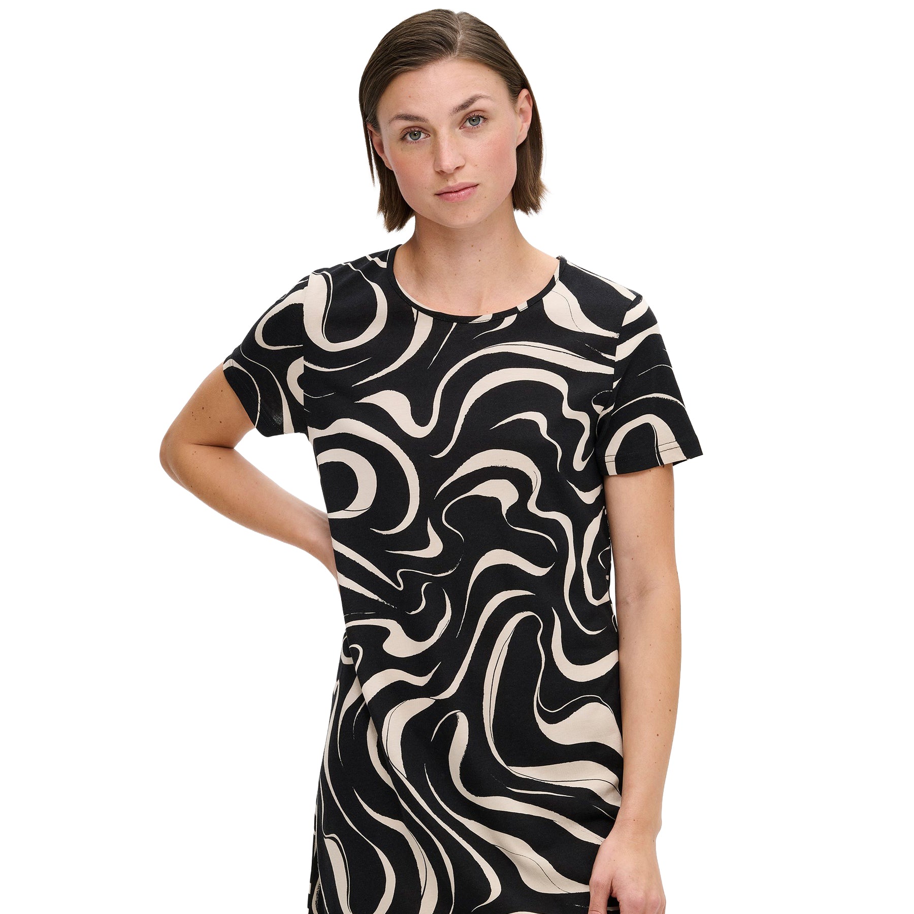 Close-up of black short-sleeve nightdress featuring a cream abstract swirl pattern and round neckline, shown on model.