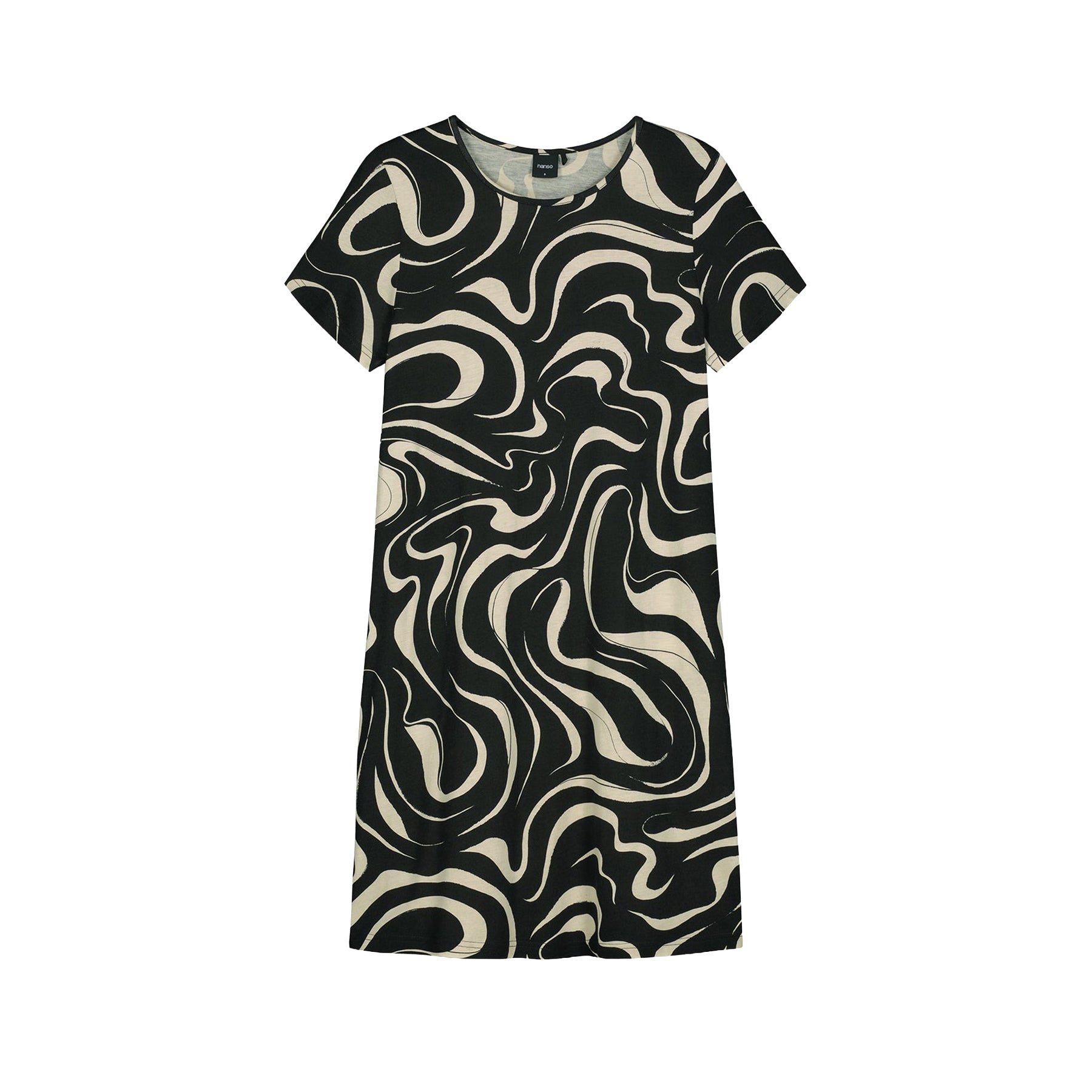 Black and cream abstract swirl print short-sleeve nightdress with a straight silhouette, laid flat on a white background.